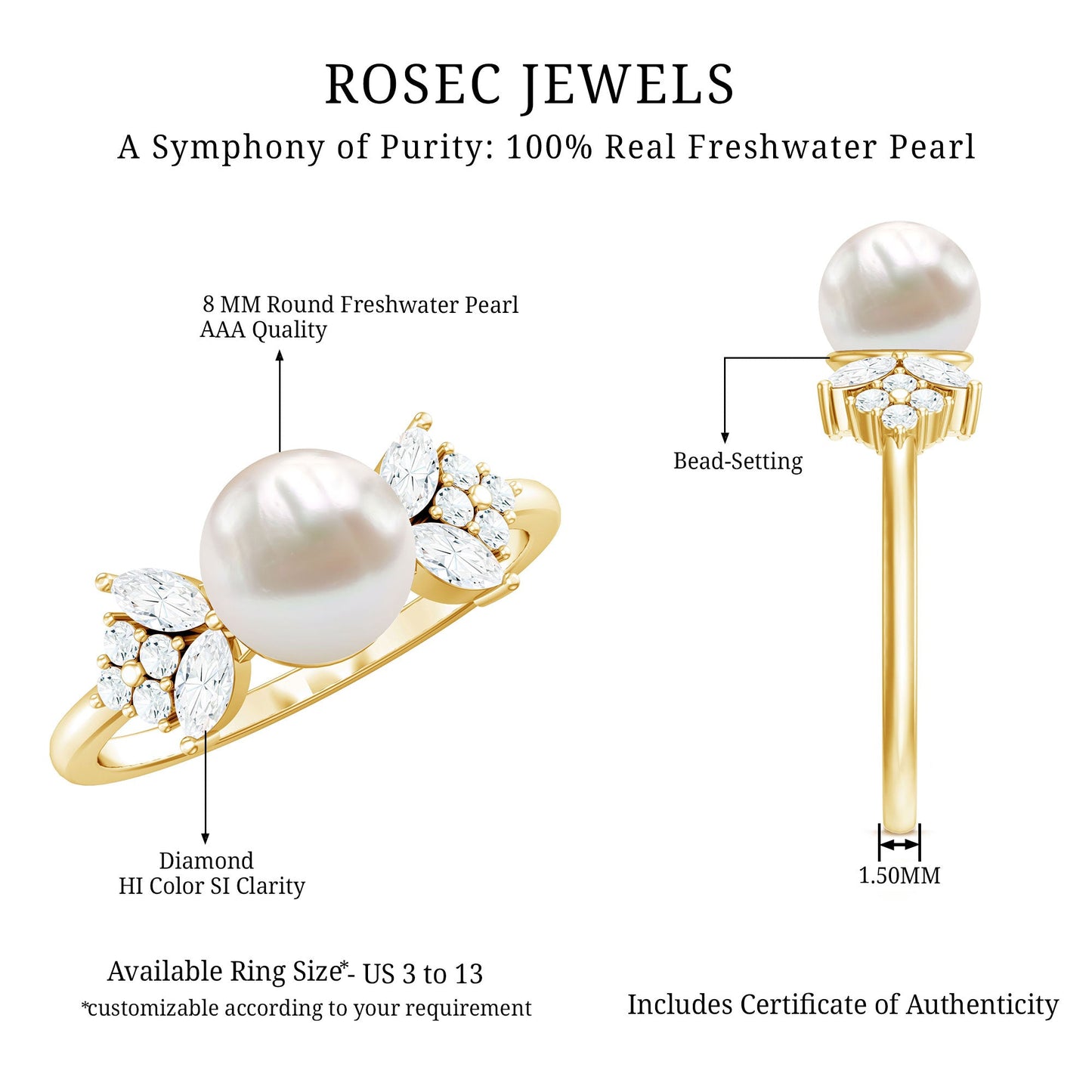 Nature Inspired 7.48 Carat Freshwater Pearl Engagement Ring with Diamond