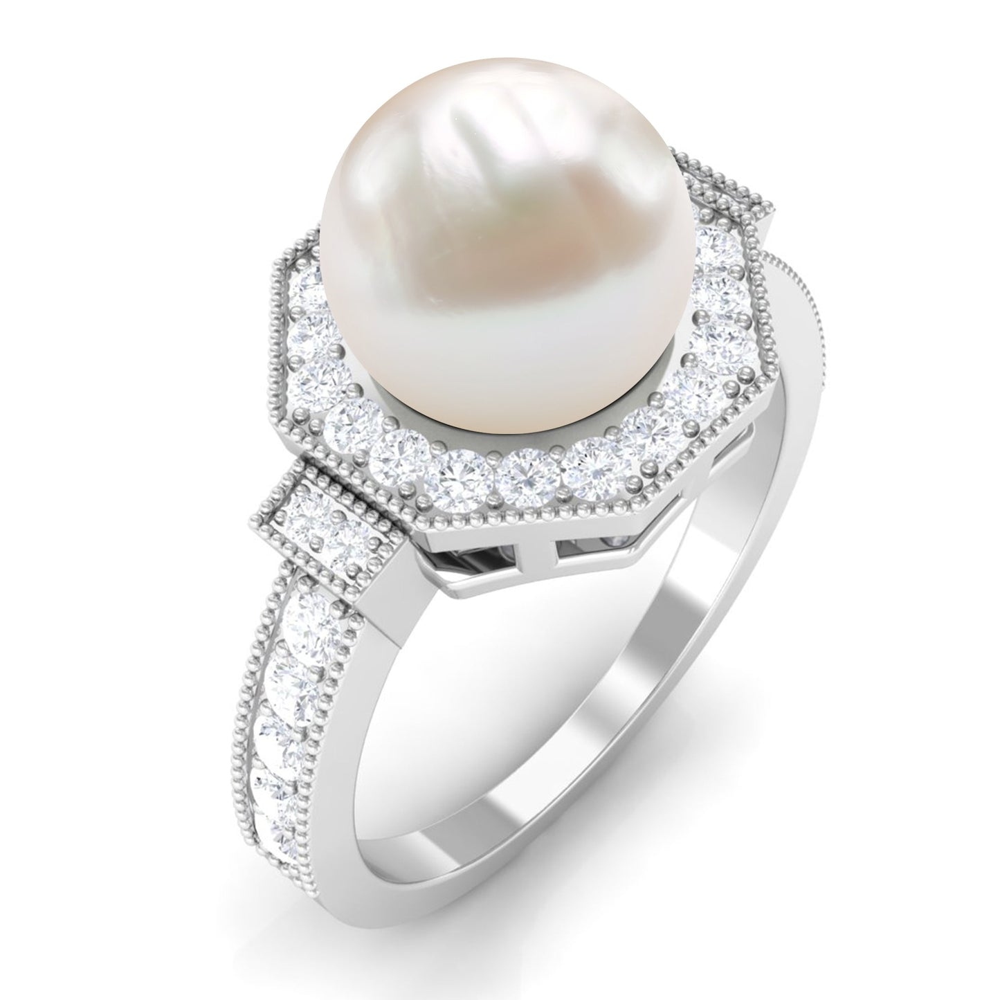 Art Deco Inspired 7.4 Carat Freshwater Pearl Engagement Ring with Diamond Halo