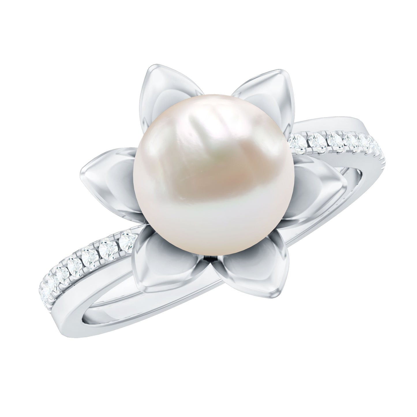 Natural 7.48 Carat White Pearl Flower Engagement Ring with Diamond