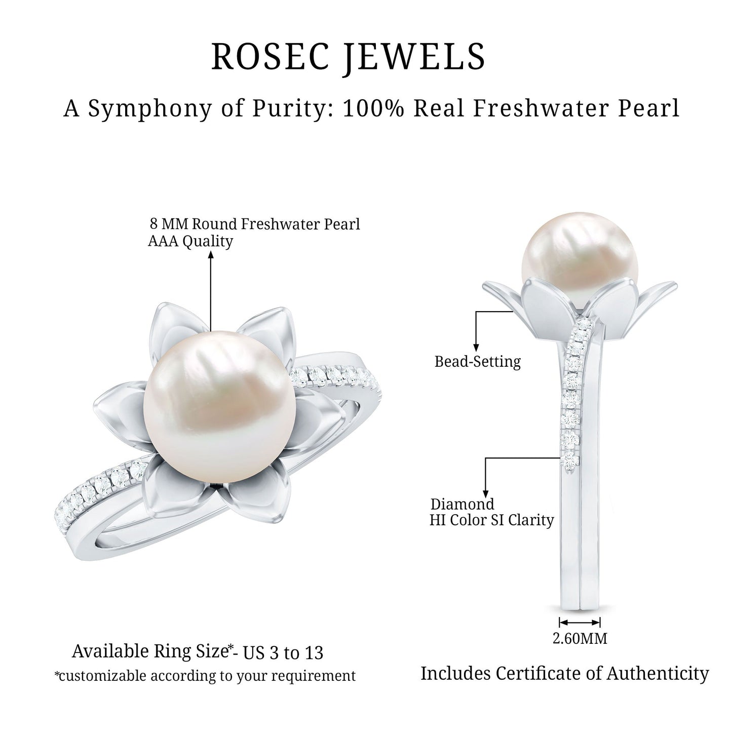 Natural 7.48 Carat White Pearl Flower Engagement Ring with Diamond