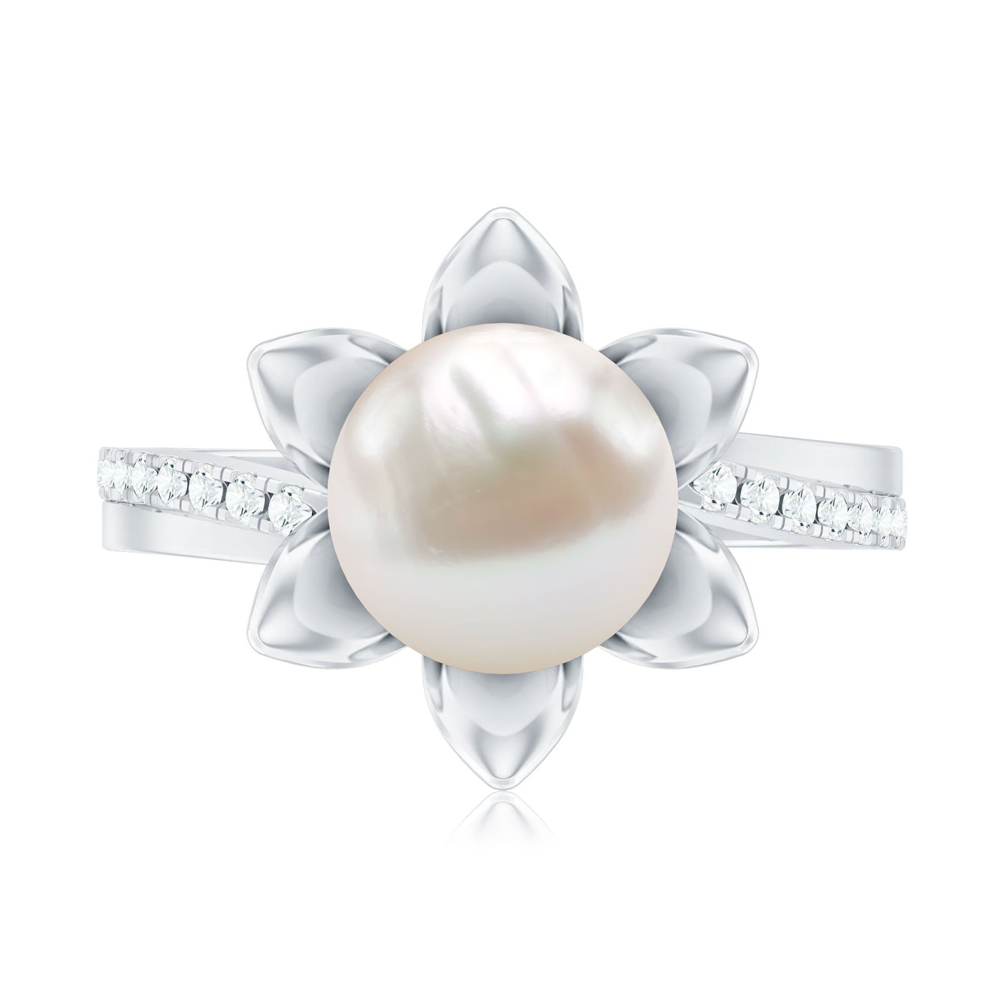 Natural 7.48 Carat White Pearl Flower Engagement Ring with Diamond