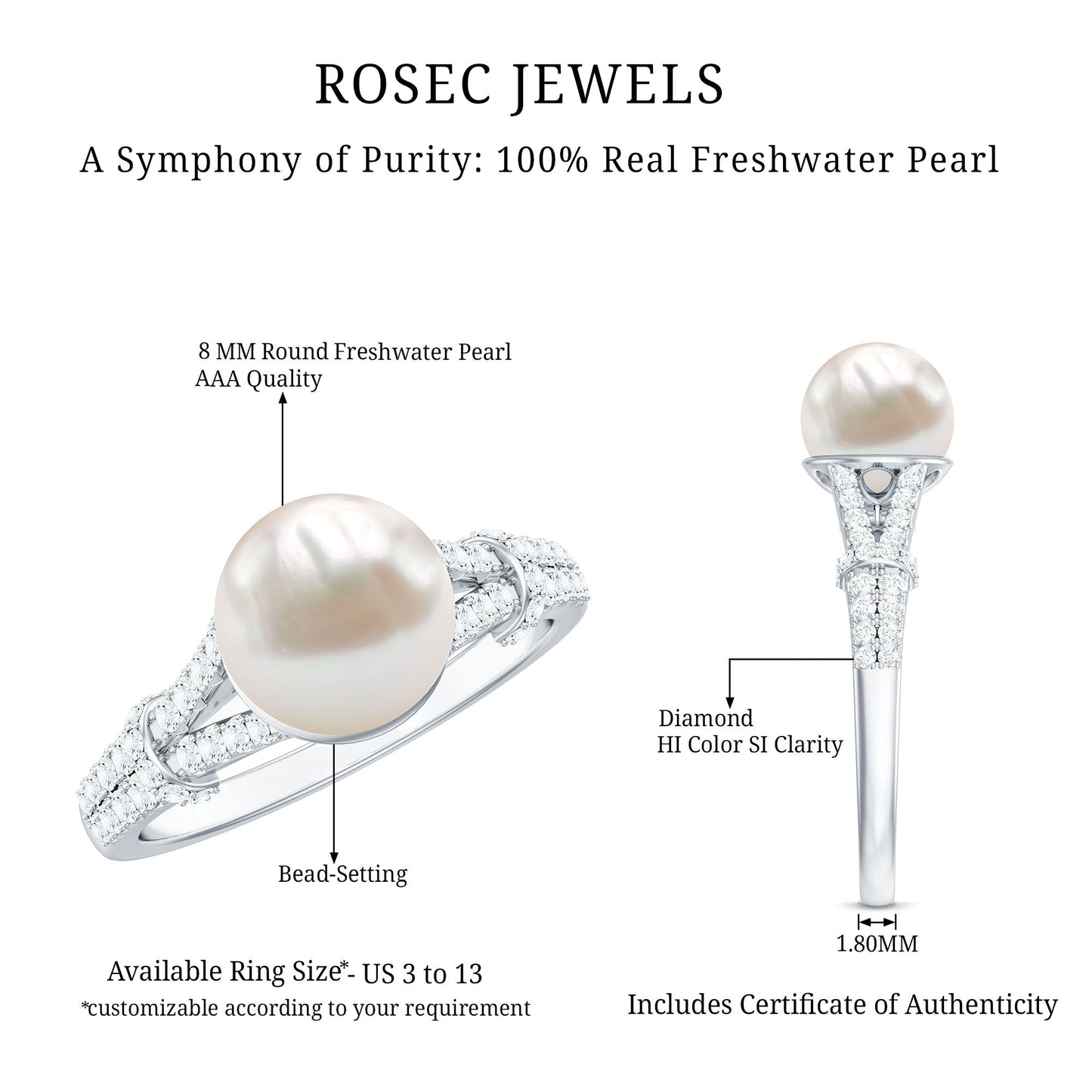 Real 7.48 Carat Freshwater Pearl Solitaire Engagement Ring with Diamond Split Shank