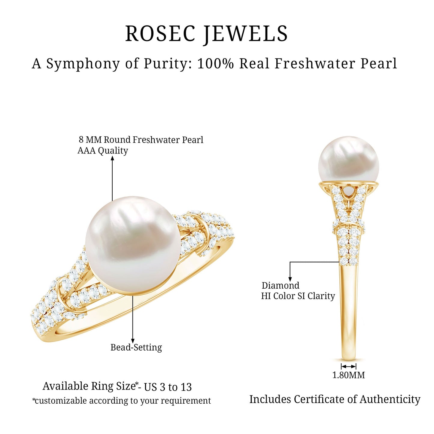 Real 7.48 Carat Freshwater Pearl Solitaire Engagement Ring with Diamond Split Shank