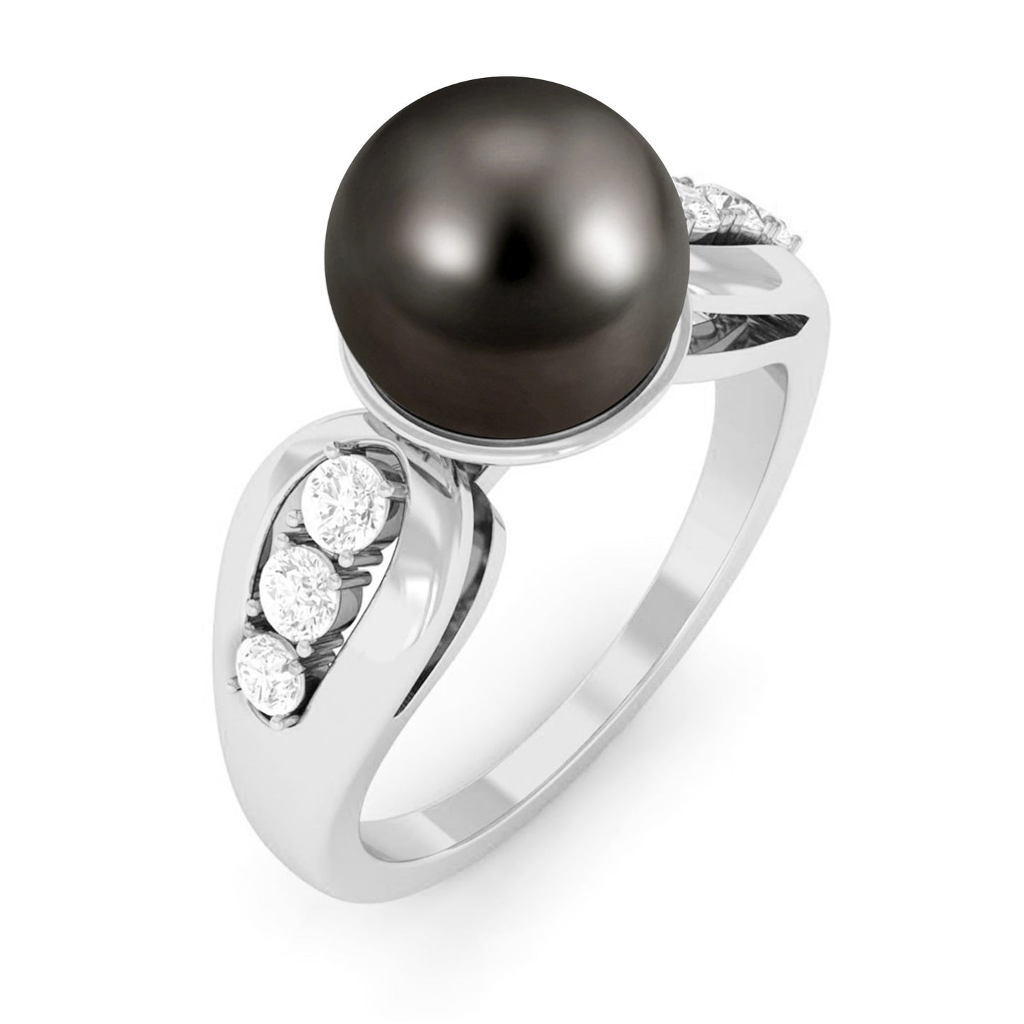 Solitaire Tahitian Pearl Engagement Ring with Diamond Side Stones