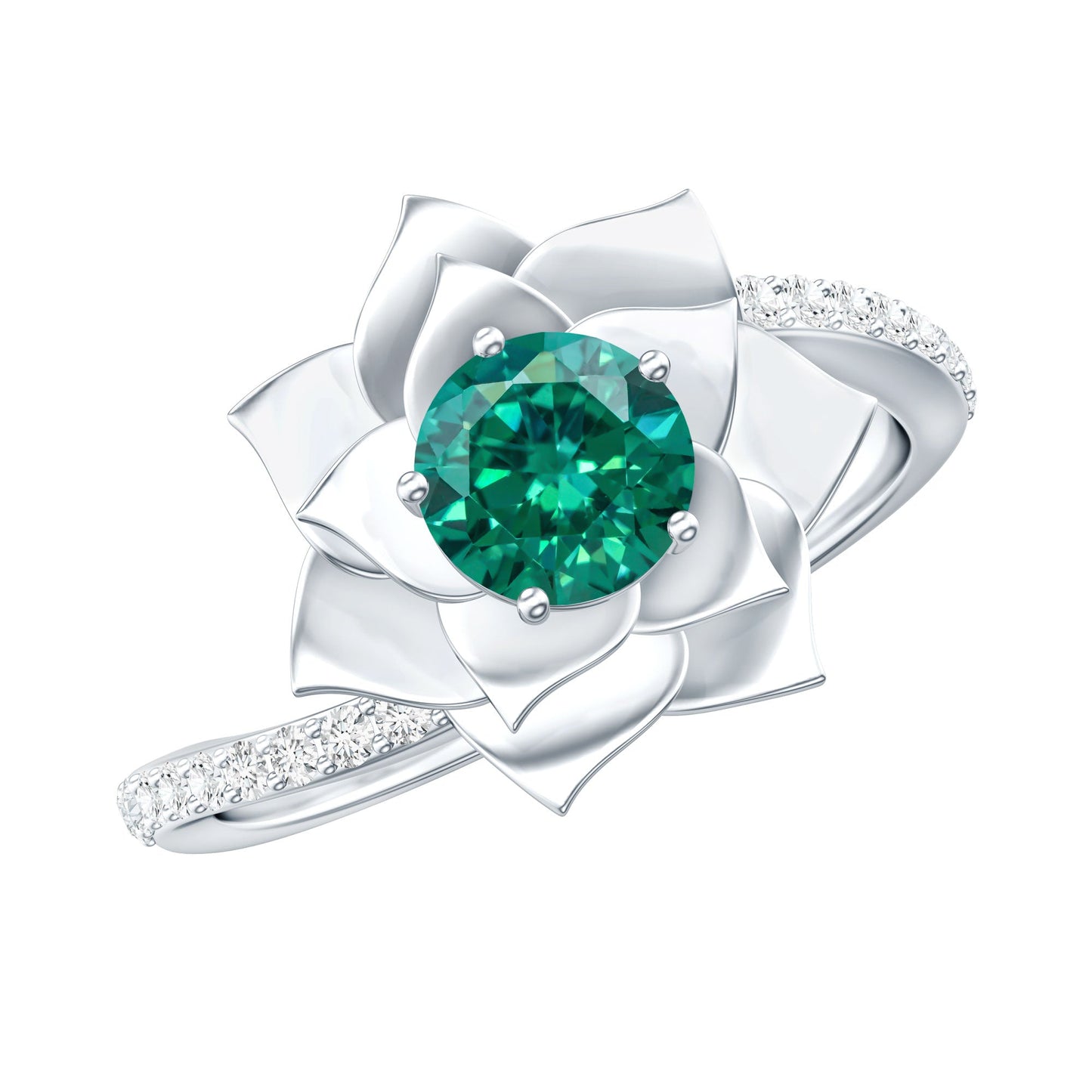 Certified Lab Grown Emerald Diamond Flower Engagement Ring with Bypass Shank