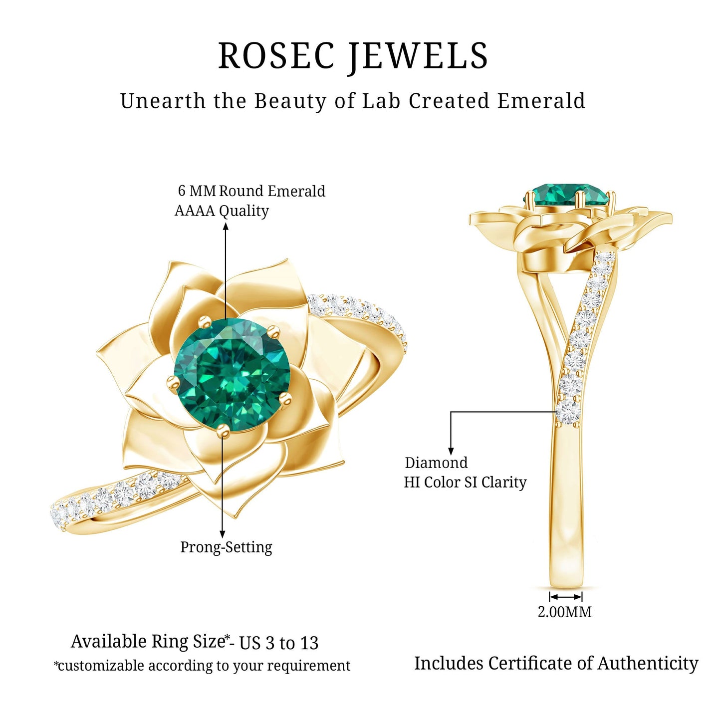 Certified Lab Grown Emerald Diamond Flower Engagement Ring with Bypass Shank