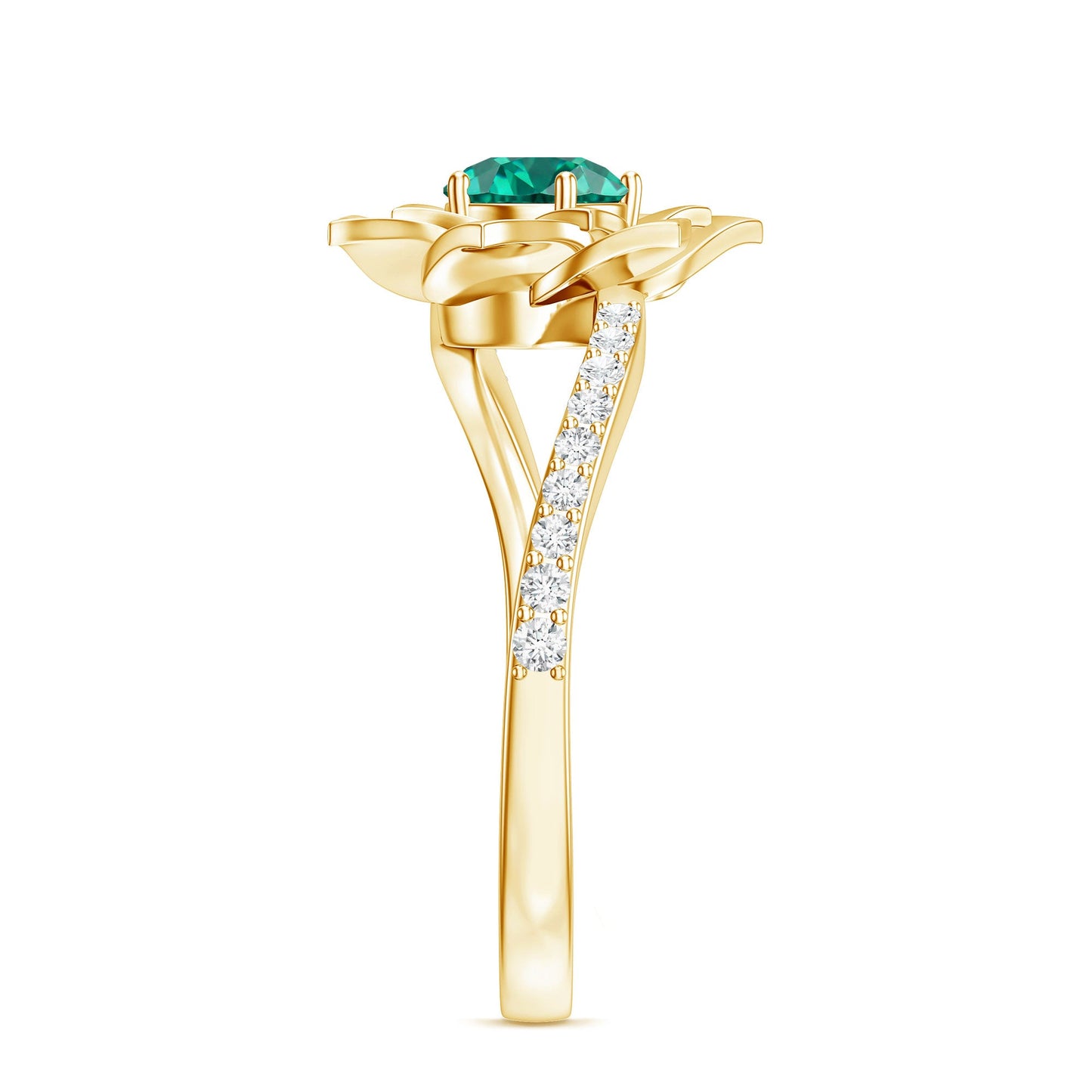 Certified Lab Grown Emerald Diamond Flower Engagement Ring with Bypass Shank
