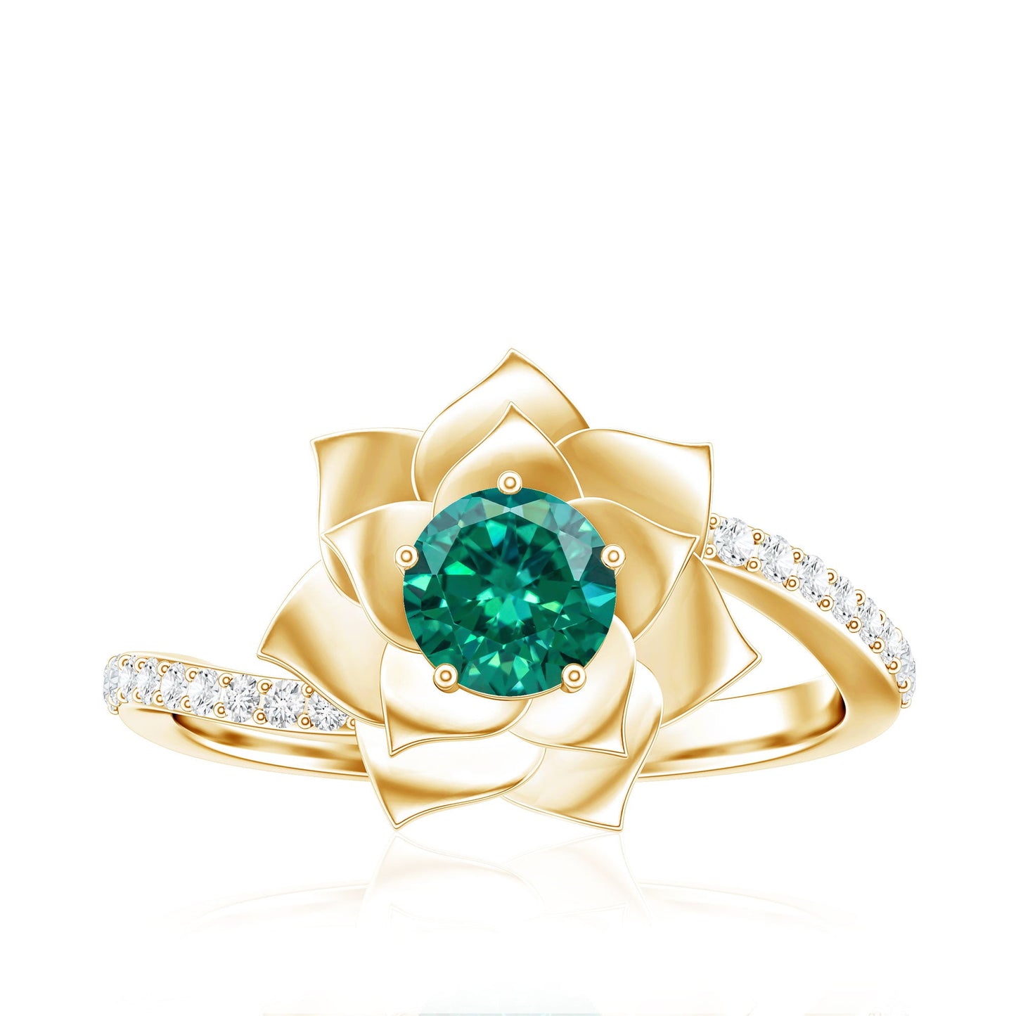 Certified Lab Grown Emerald Diamond Flower Engagement Ring with Bypass Shank