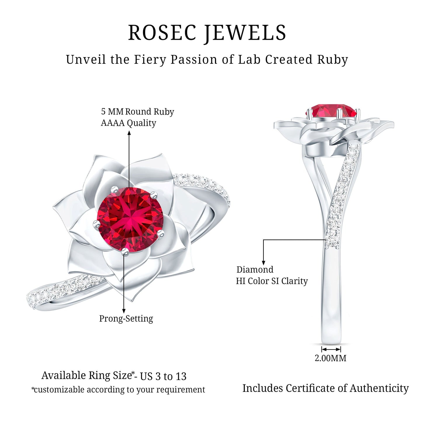 Lab Created Ruby Rose Flower Engagement Ring With Certificate