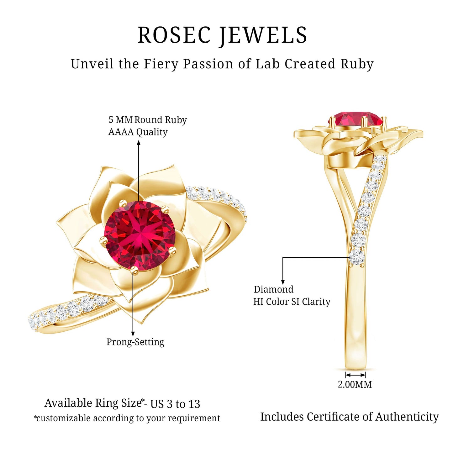 Lab Created Ruby Rose Flower Engagement Ring With Certificate