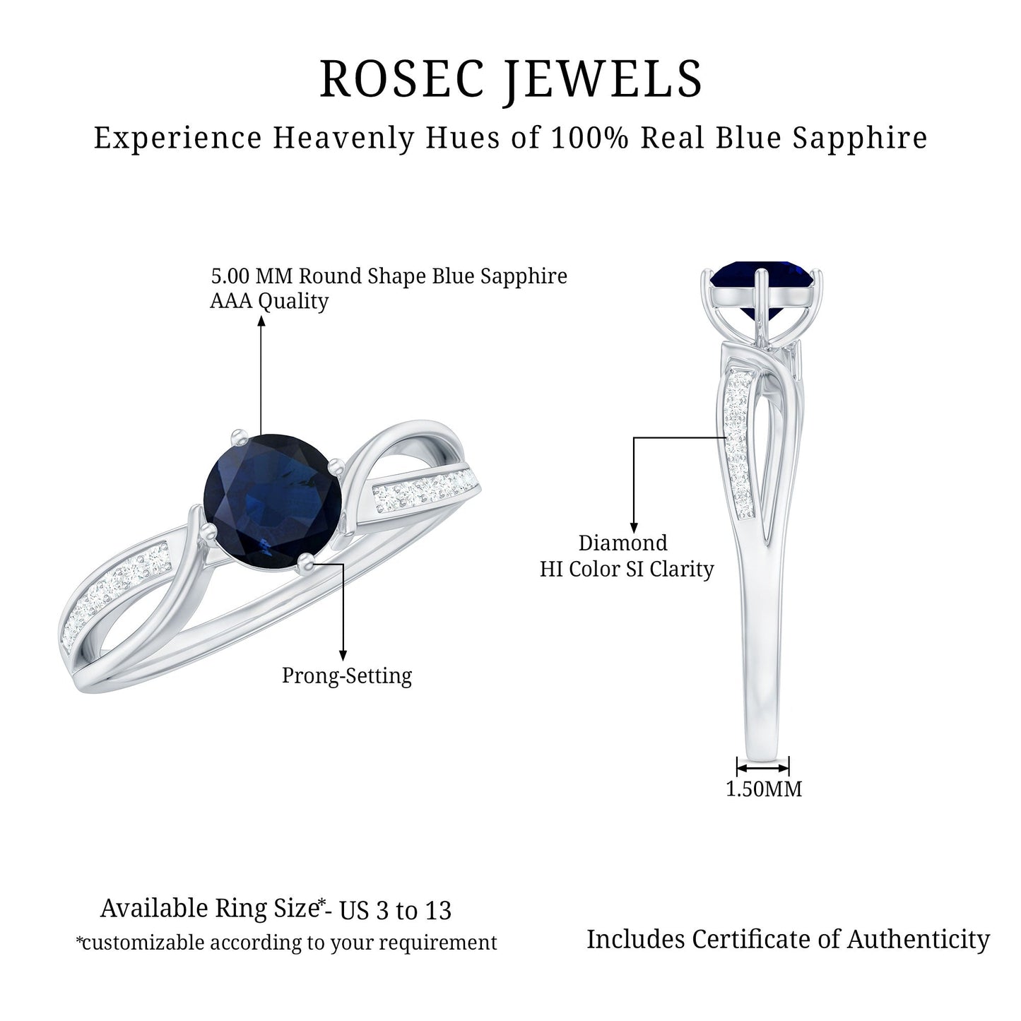 Real 0.95 Carat Round Blue Sapphire Infinity Engagement Ring with Diamond
