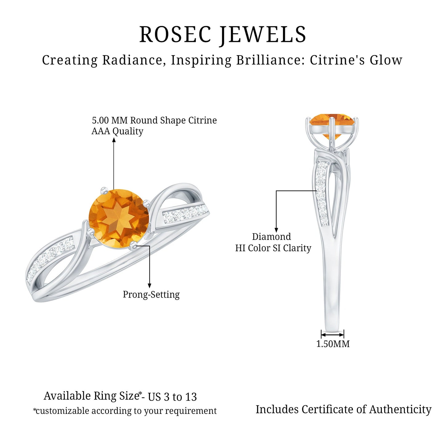Natural Citrine Engagement Ring with Diamond Crossover Shank