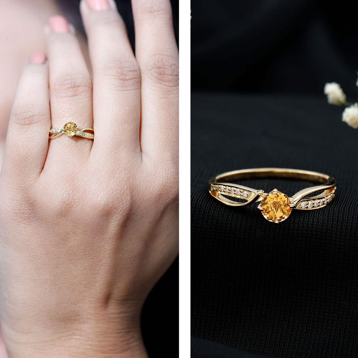 Natural Citrine Engagement Ring with Diamond Crossover Shank