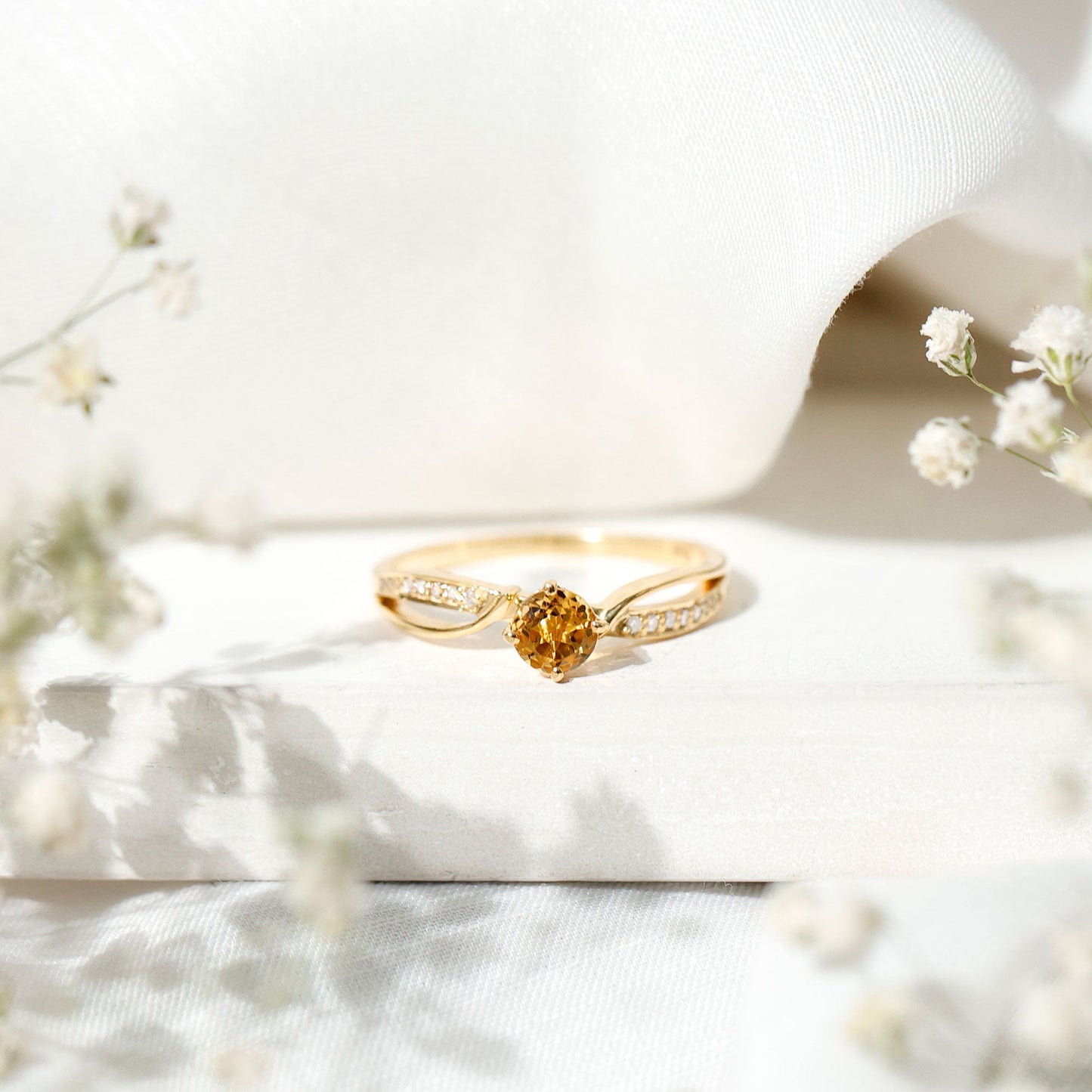 Natural Citrine Engagement Ring with Diamond Crossover Shank