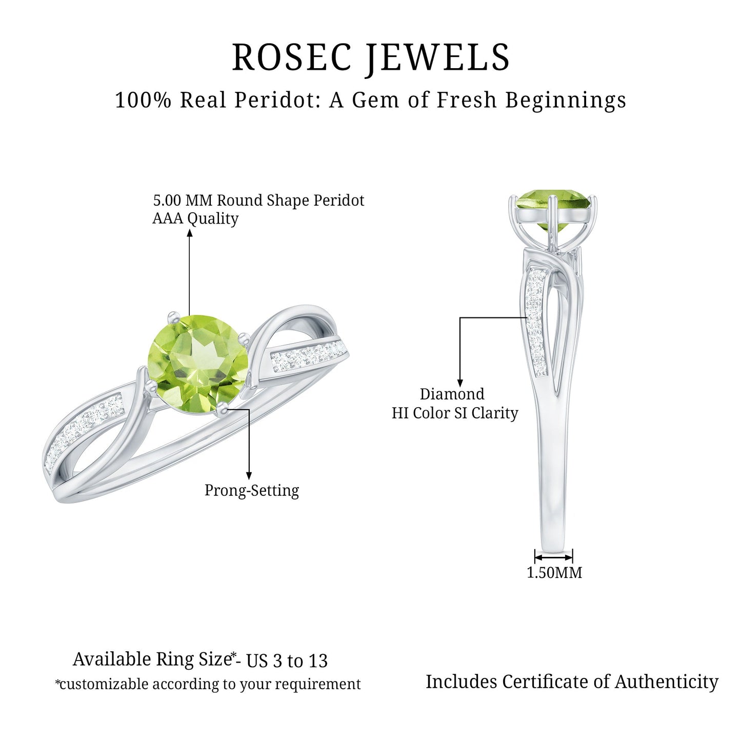 Real 0.5 Carat Peridot Infinity Promise Ring with Diamond