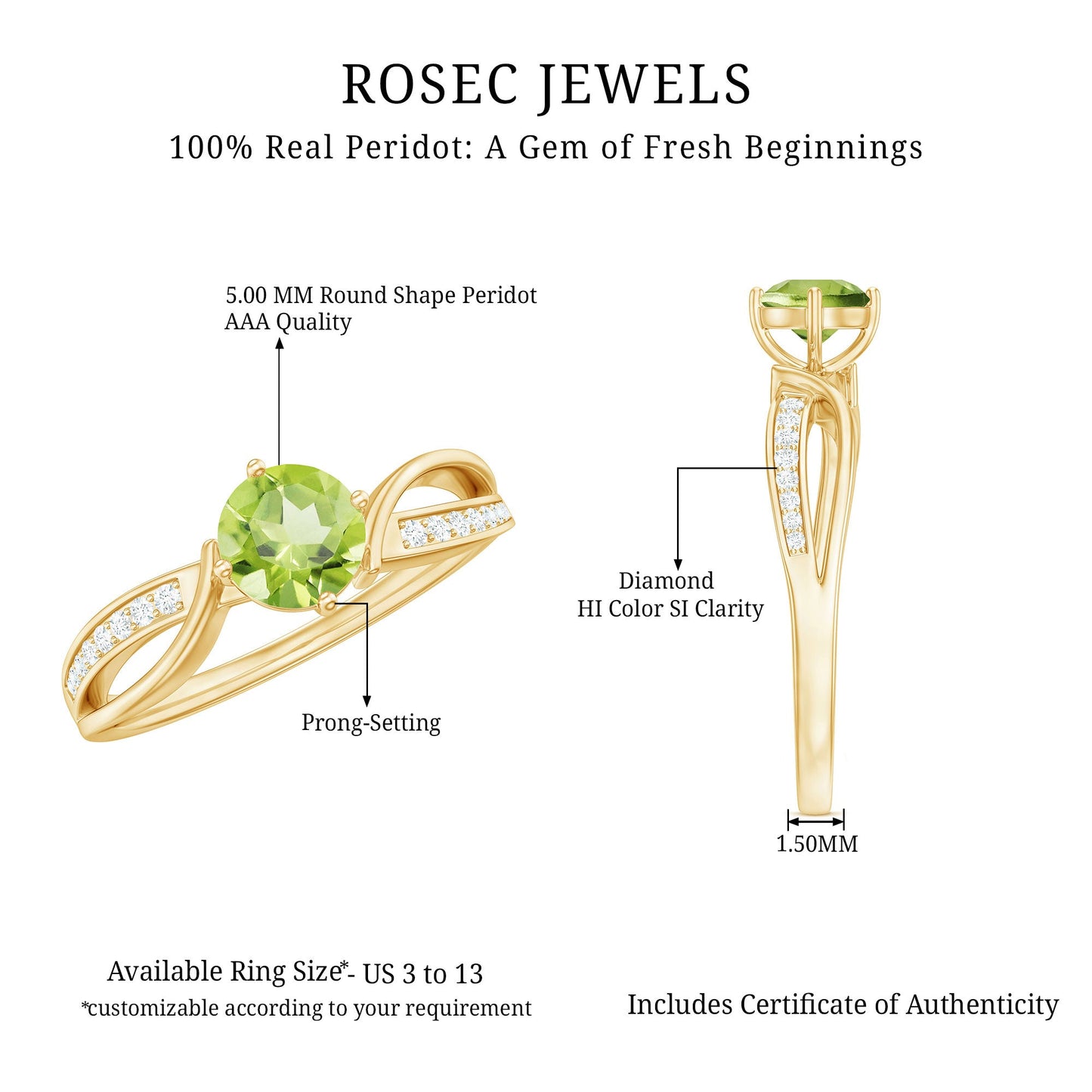 Real 0.5 Carat Peridot Infinity Promise Ring with Diamond
