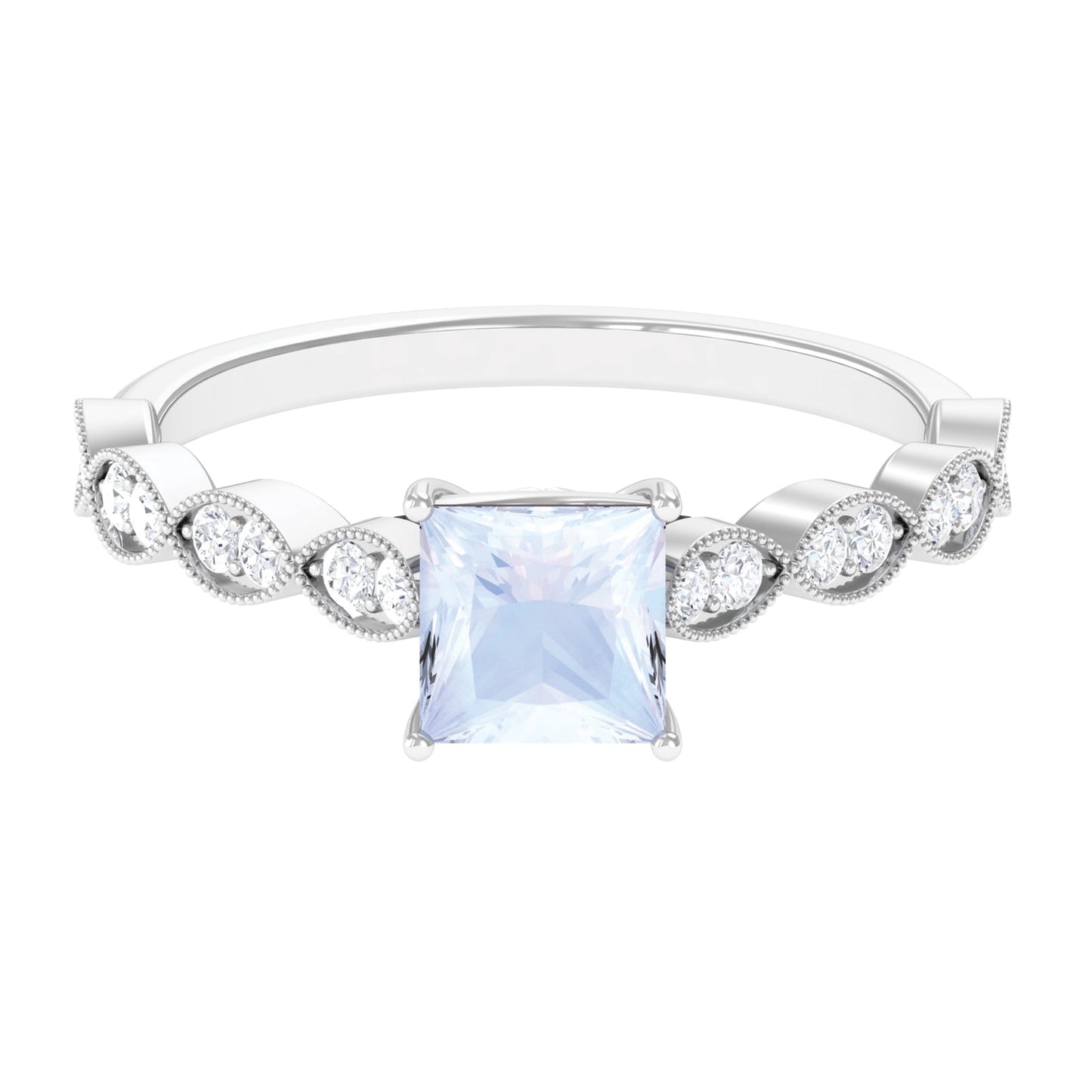 0.5 Carat Princess Cut Moonstone Solitaire Ring with Diamond Side Stones