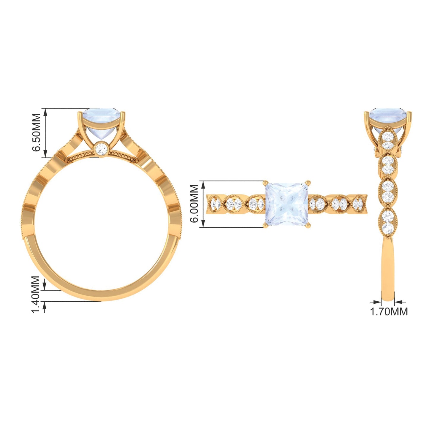 0.5 Carat Princess Cut Moonstone Solitaire Ring with Diamond Side Stones