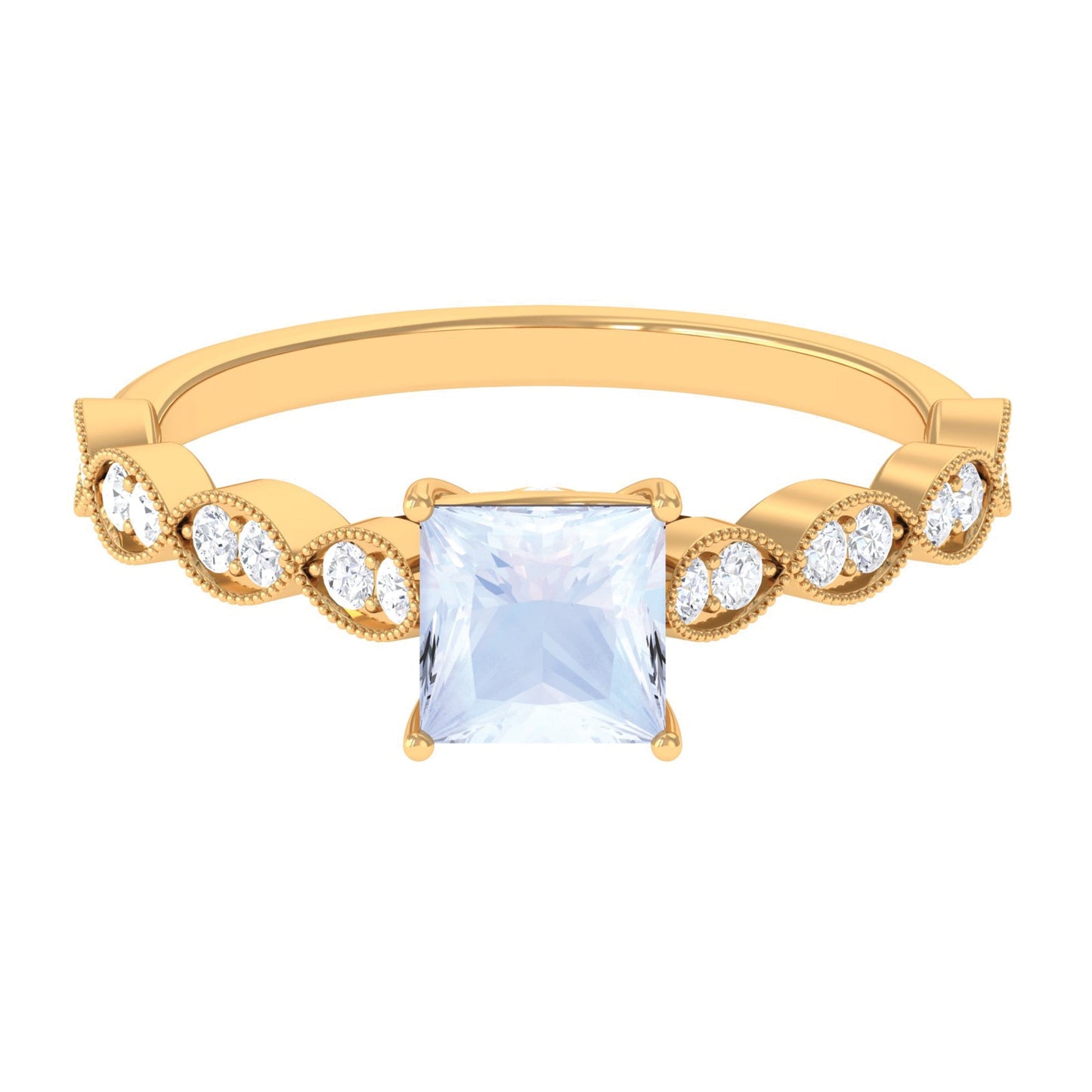 0.5 Carat Princess Cut Moonstone Solitaire Ring with Diamond Side Stones