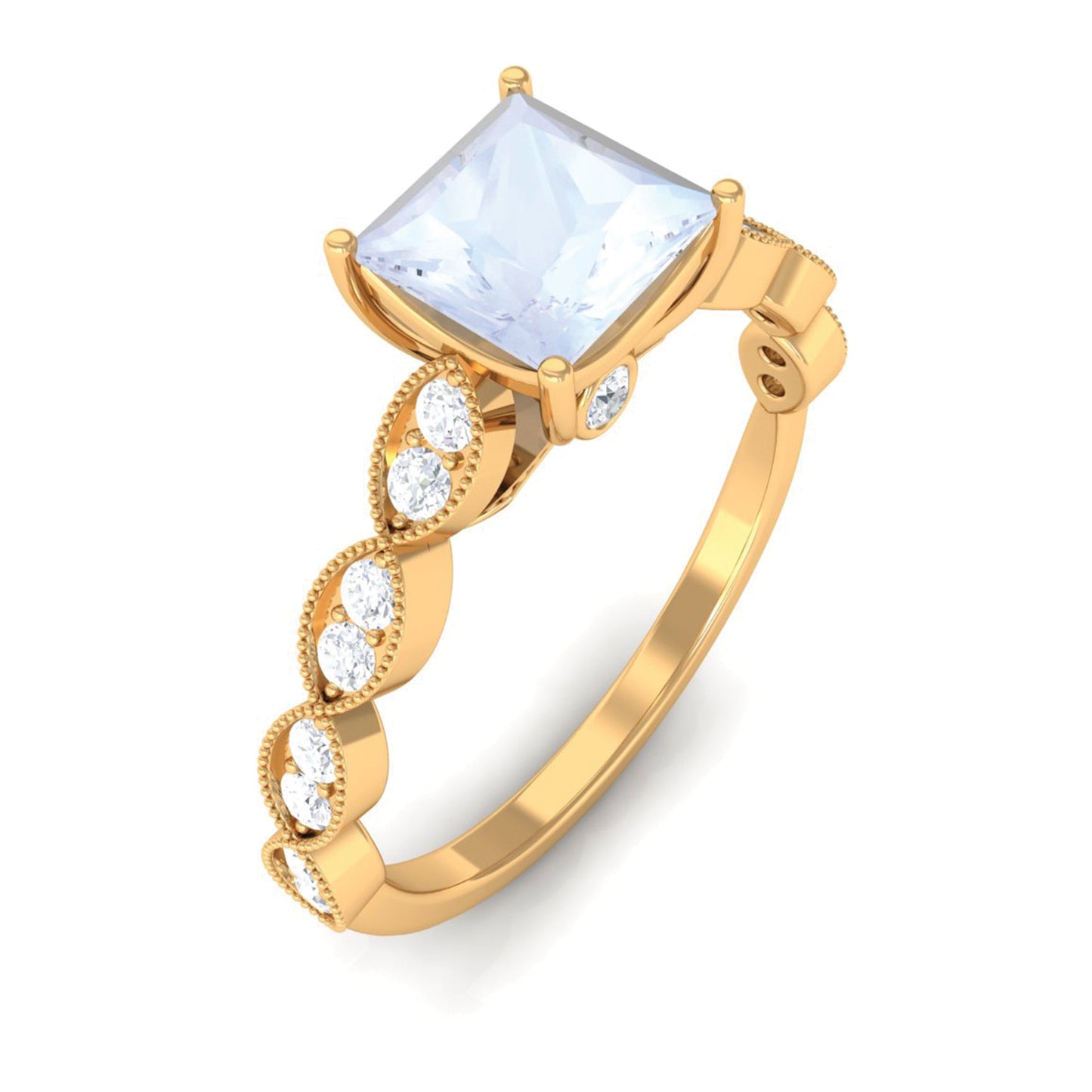 0.5 Carat Princess Cut Moonstone Solitaire Ring with Diamond Side Stones