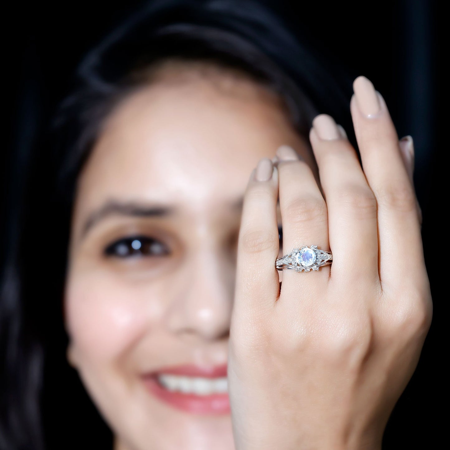 Vintage Inspired Moonstone Engagement Ring with Diamond