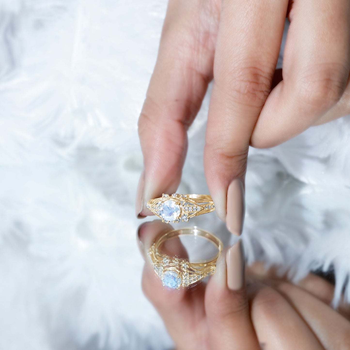 Vintage Inspired Moonstone Engagement Ring with Diamond