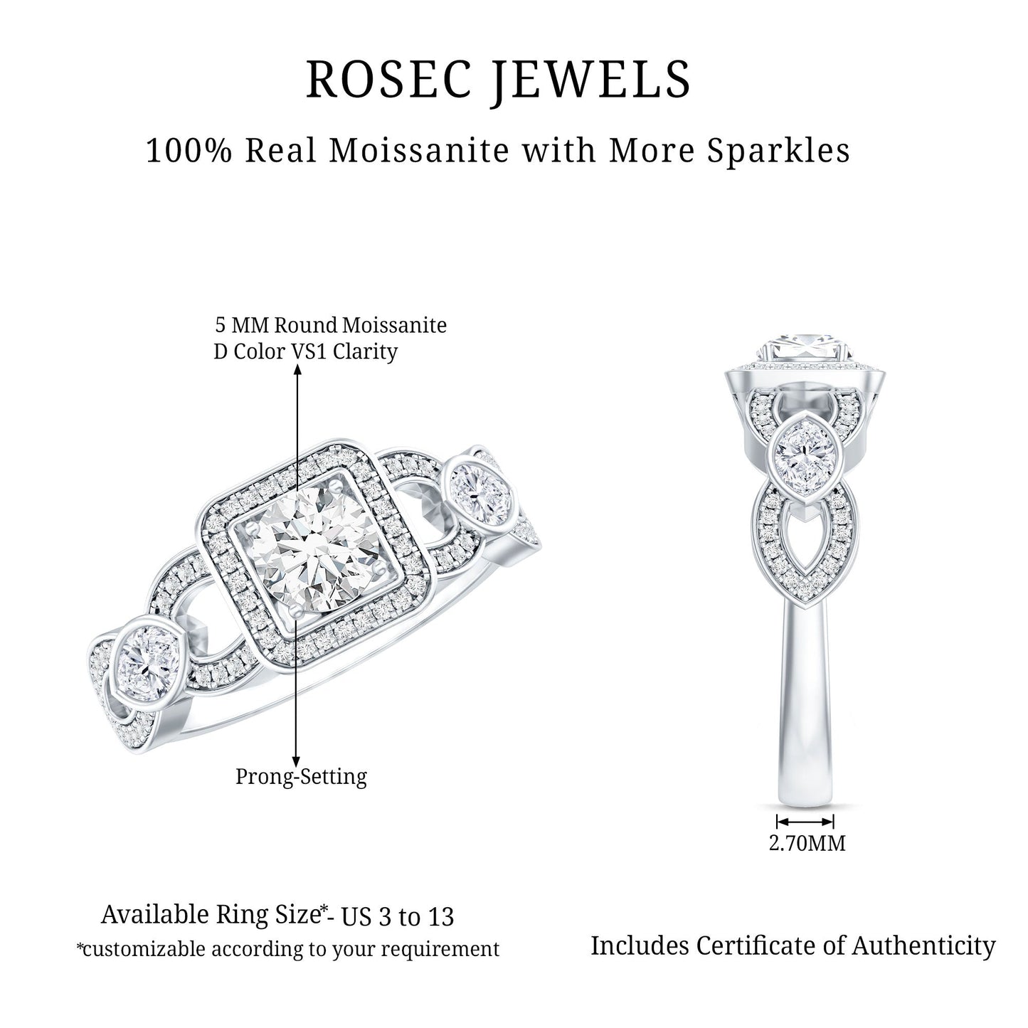 Vintage Inspired Moissanite Halo Engagement Ring with Certificate