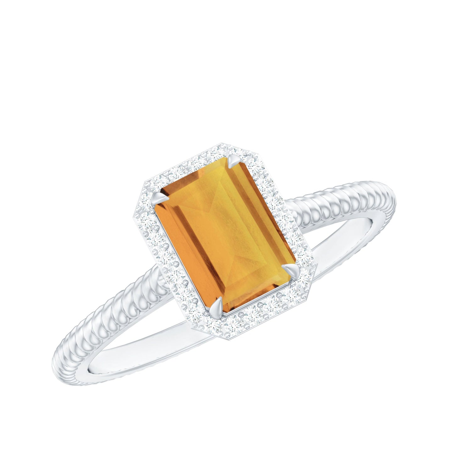 Natural Citrine Emerald Cut Engagement Ring with Diamond Halo
