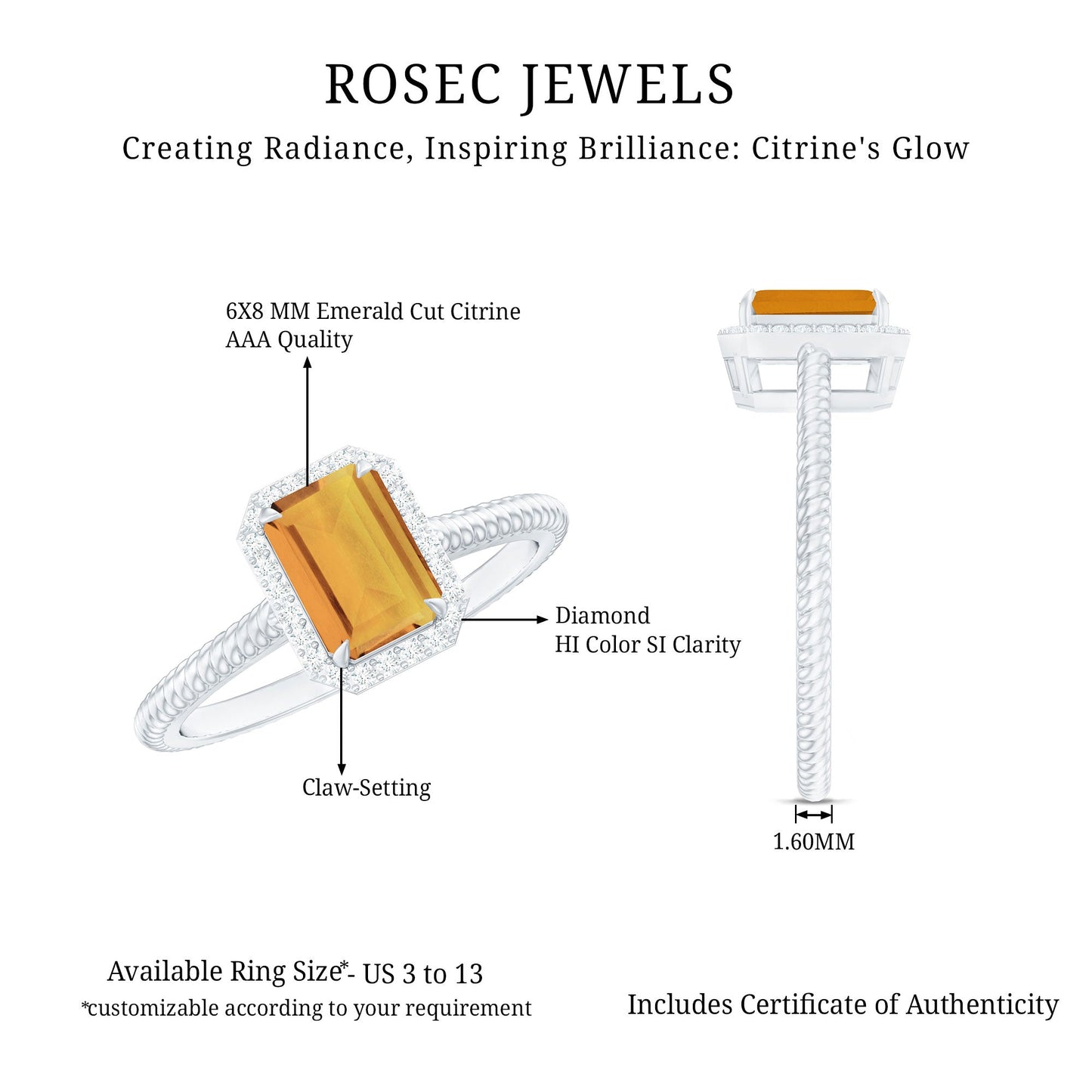 Natural Citrine Emerald Cut Engagement Ring with Diamond Halo