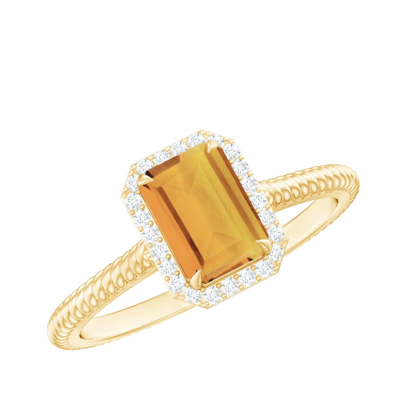 Natural Citrine Emerald Cut Engagement Ring with Diamond Halo