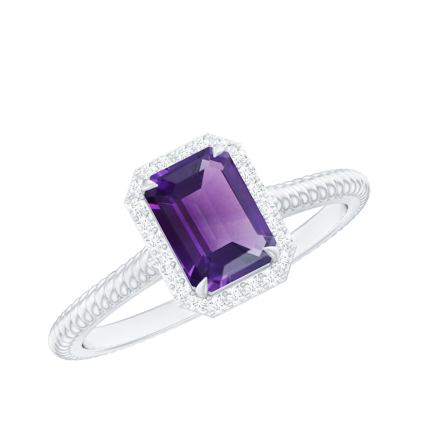 Natural 1.4 Carat Amethyst Emerald Cut Engagement Ring with Diamond Halo
