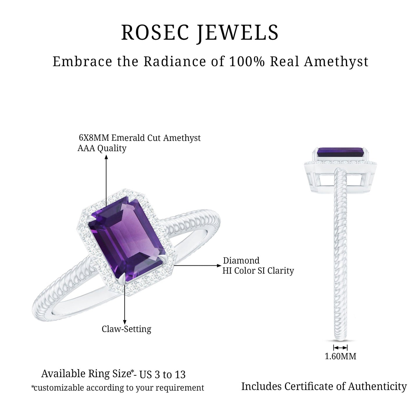 Natural 1.4 Carat Amethyst Emerald Cut Engagement Ring with Diamond Halo