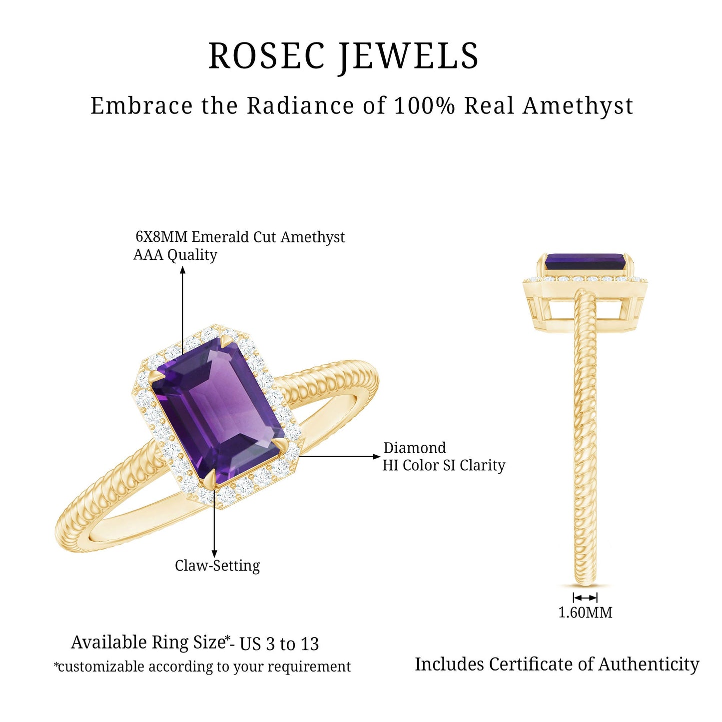 Natural 1.4 Carat Amethyst Emerald Cut Engagement Ring with Diamond Halo