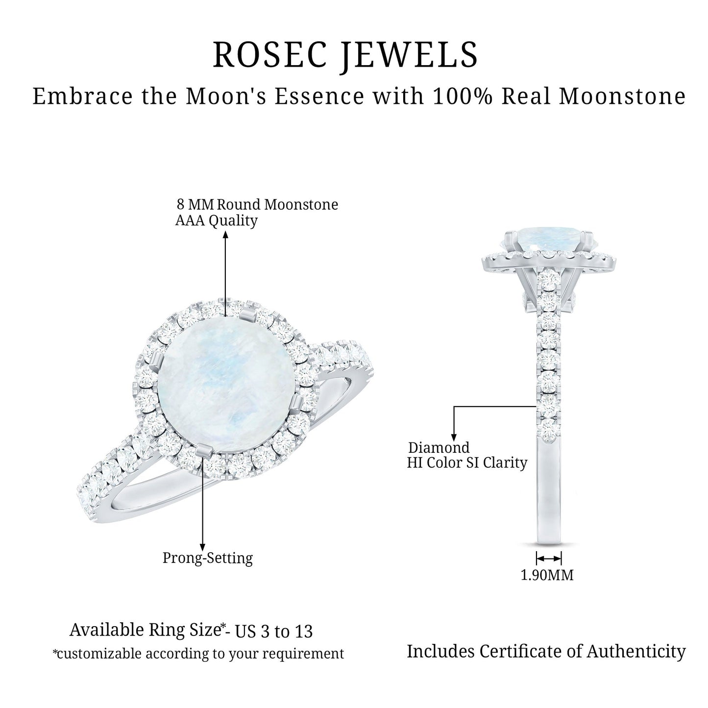 0.8 Carat Round Moonstone Halo Engagement Ring with Diamond