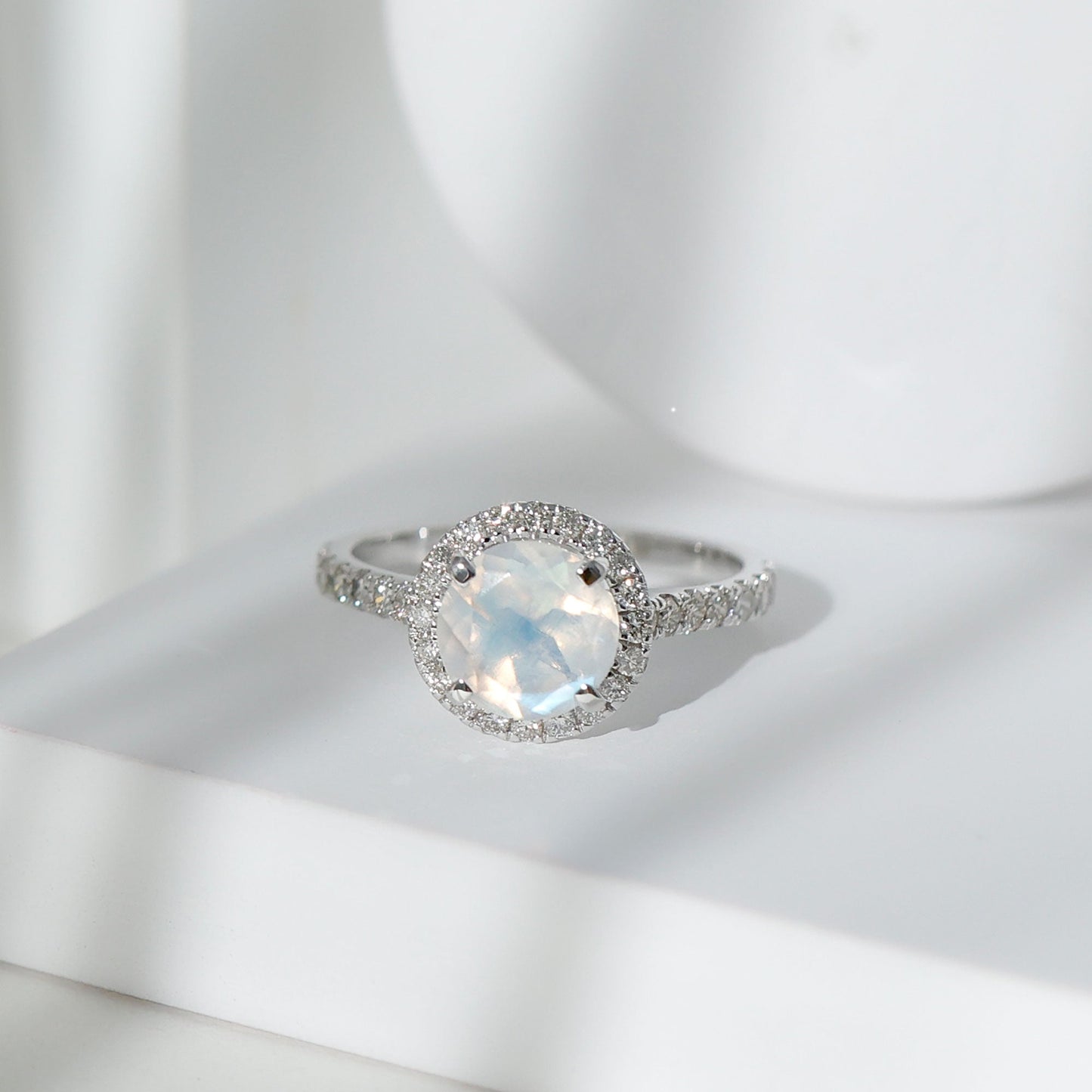 0.8 Carat Round Moonstone Halo Engagement Ring with Diamond