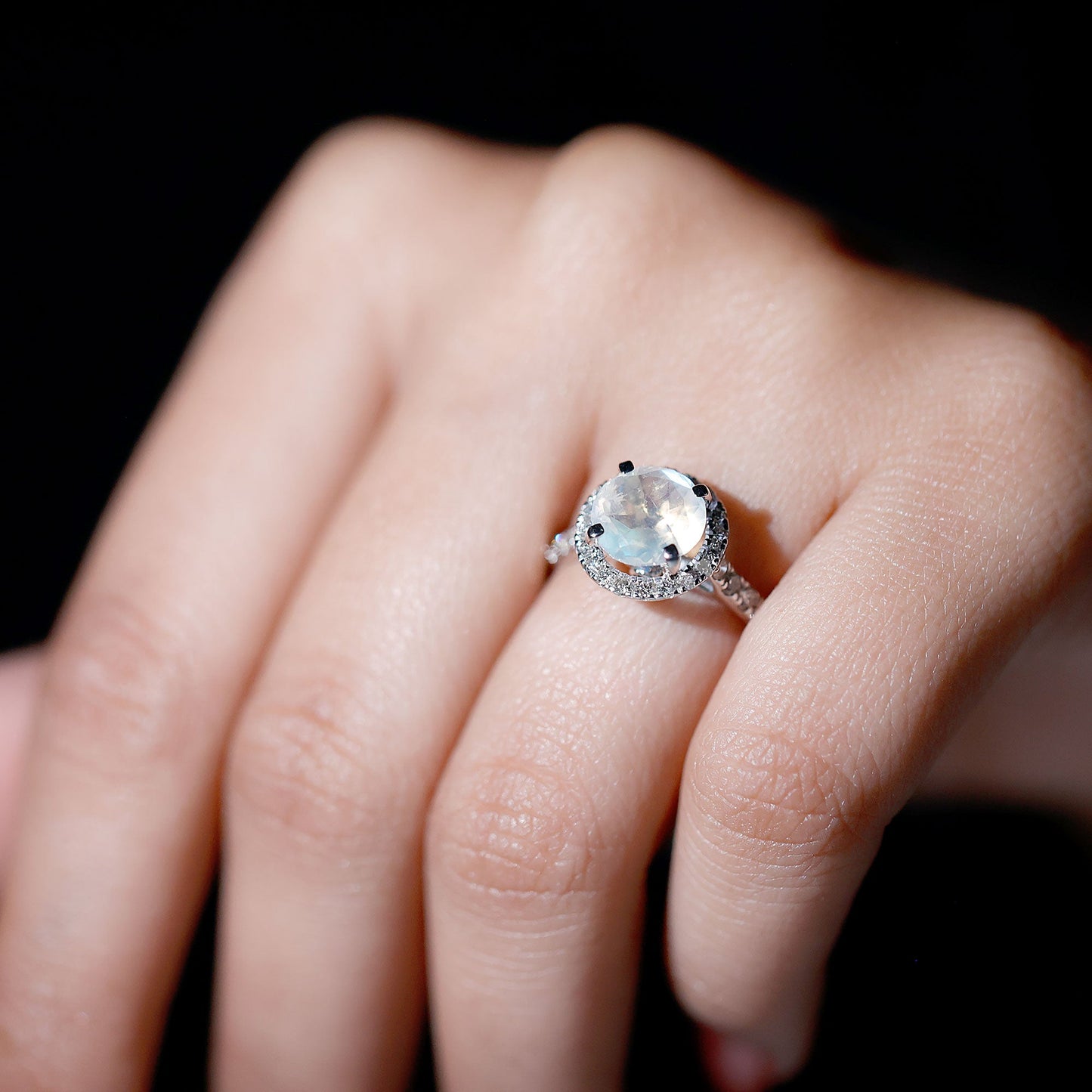 0.8 Carat Round Moonstone Halo Engagement Ring with Diamond