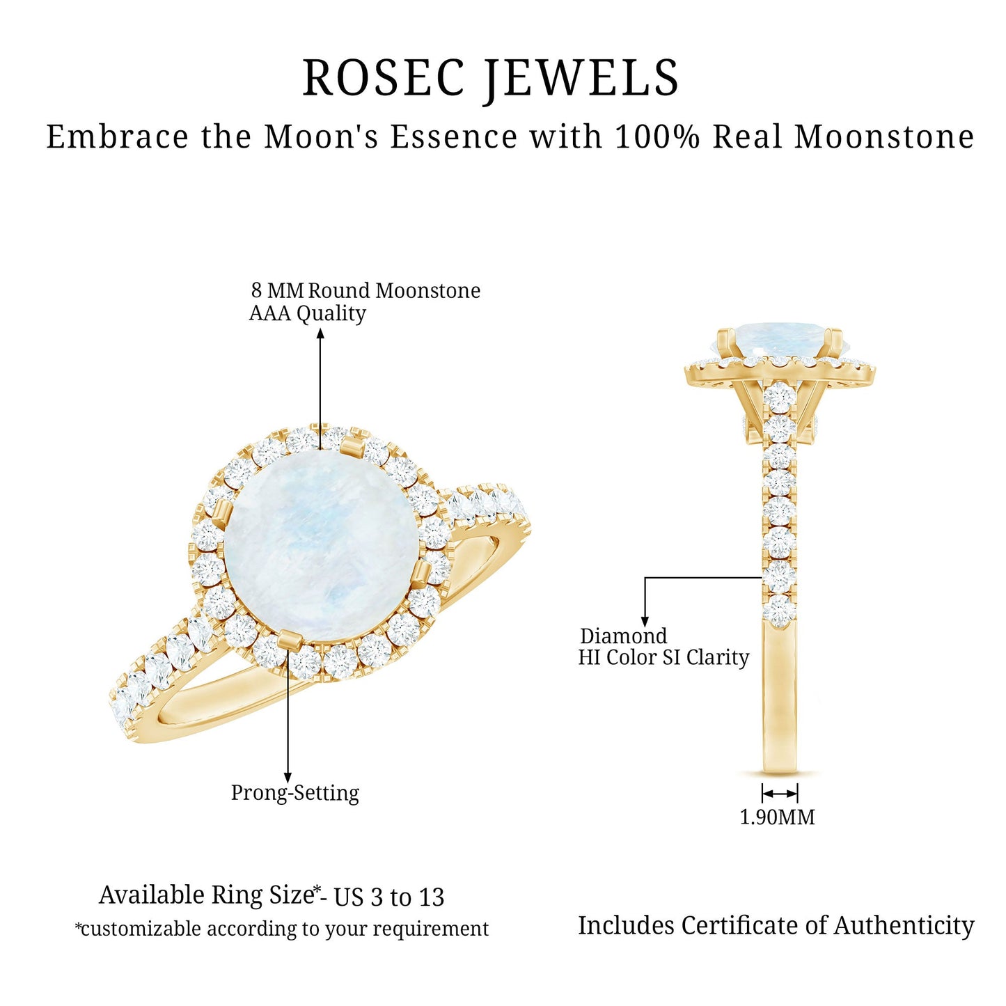 0.8 Carat Round Moonstone Halo Engagement Ring with Diamond