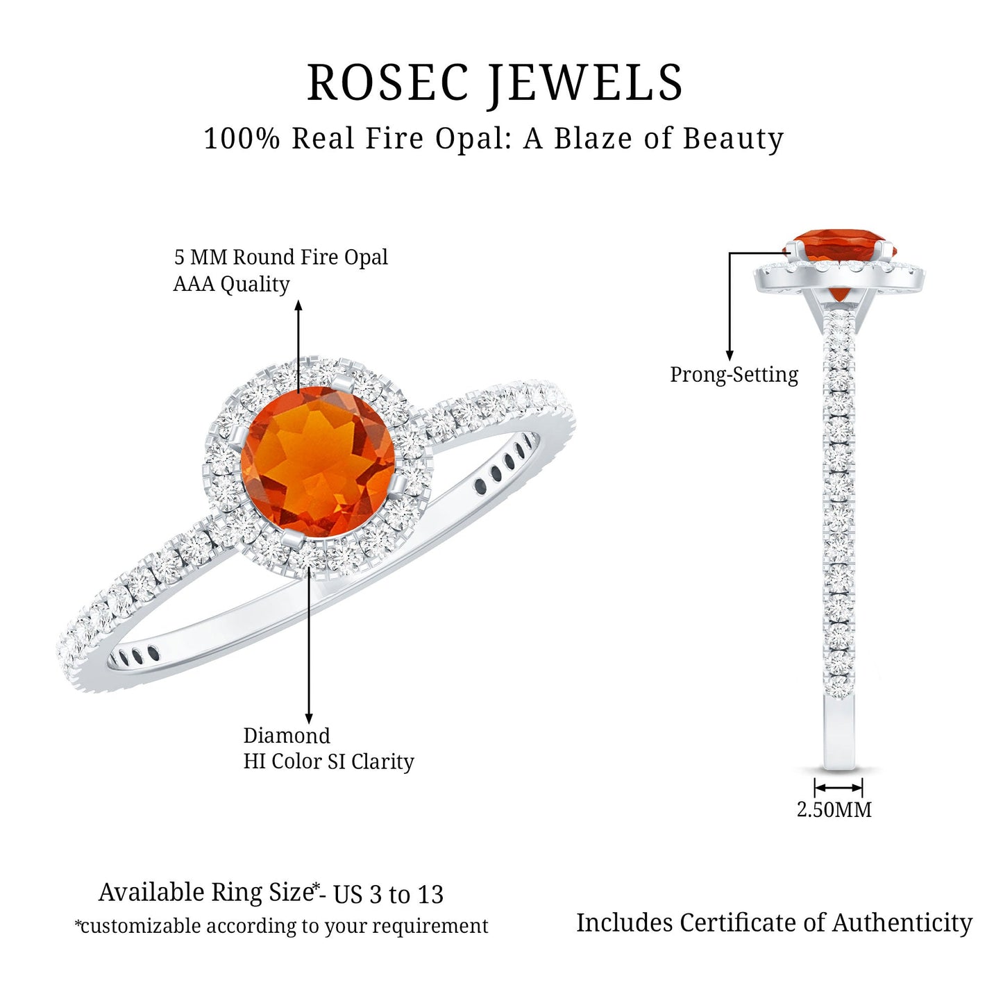 Round Shape Fire Opal Halo Engagement Ring with Diamond
