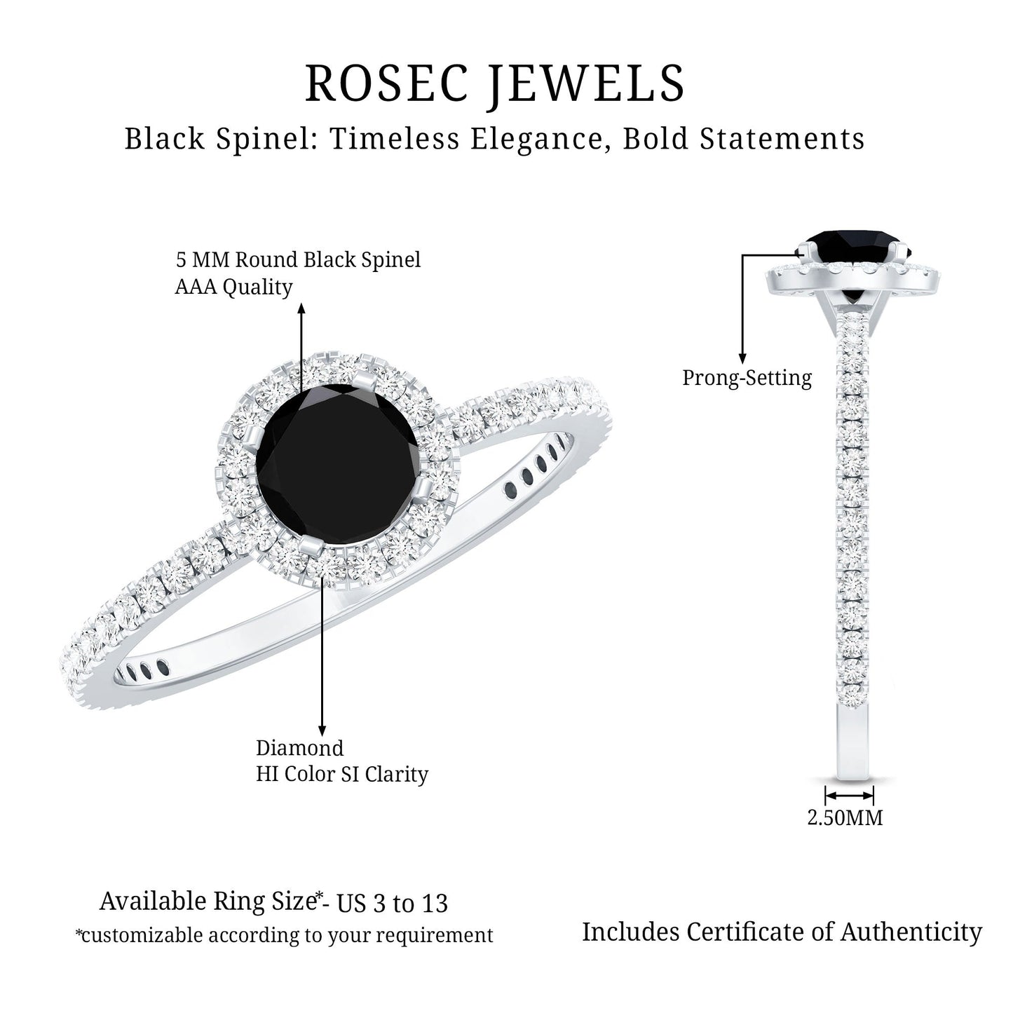 Black Spinel Minimal Engagement Ring with Diamond Halo