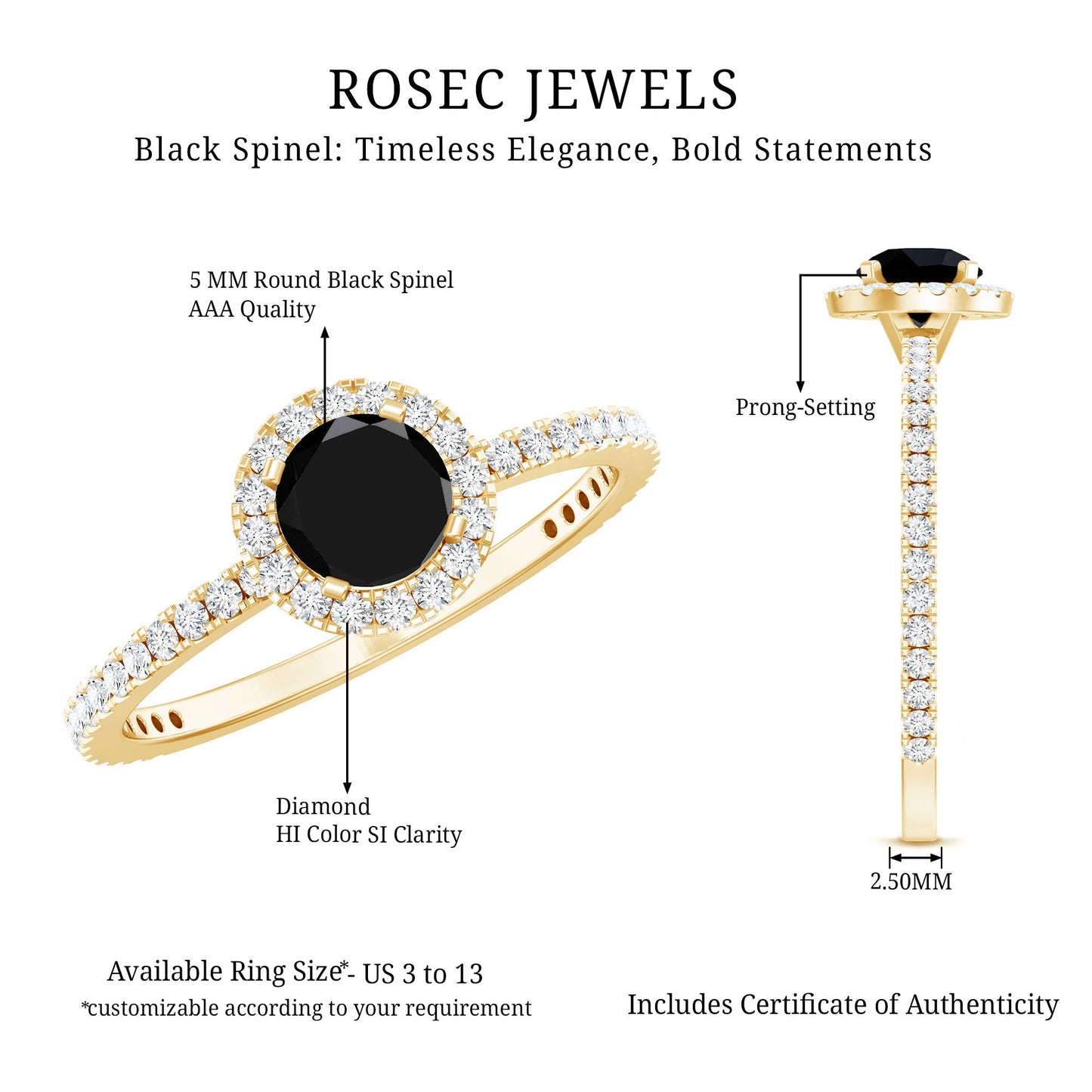 Black Spinel Minimal Engagement Ring with Diamond Halo