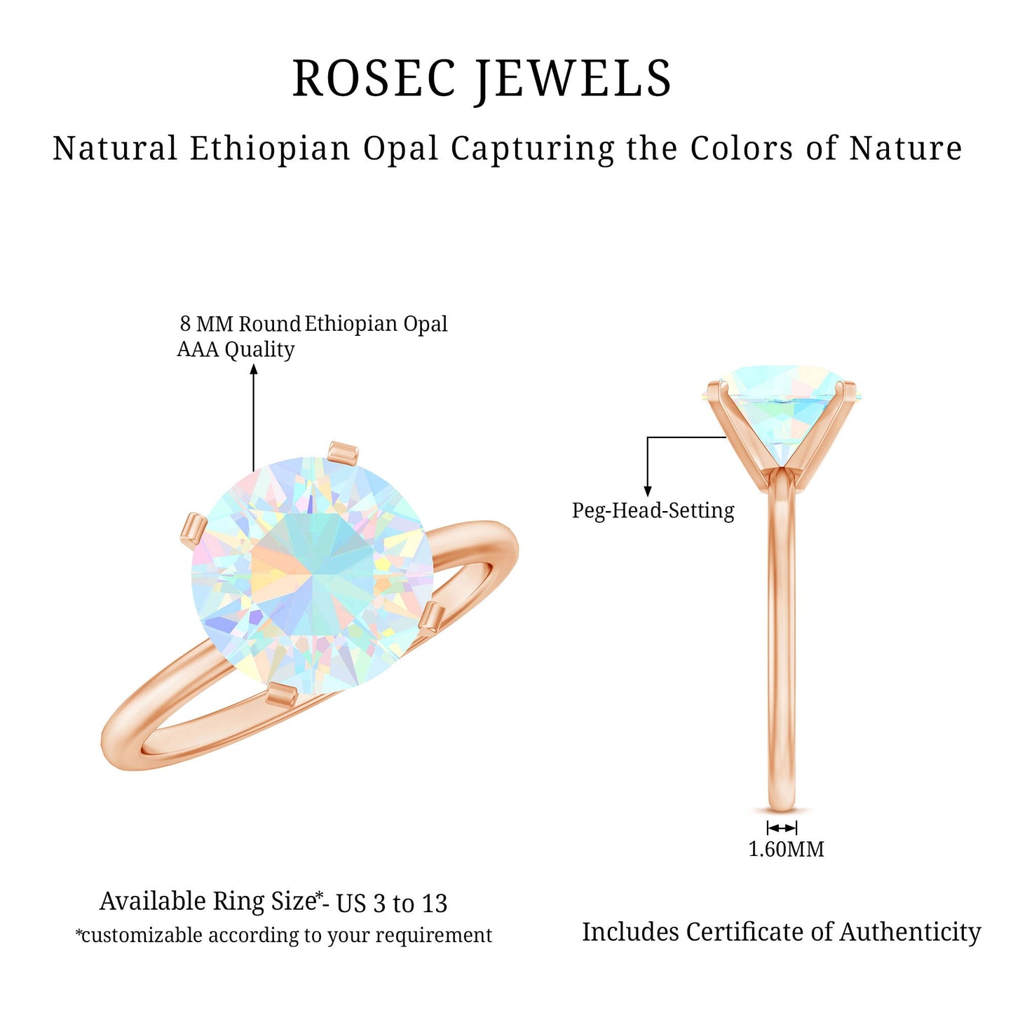 Classic 2 Carat Solitaire Ethiopian Opal October Birthstone Engagement Ring