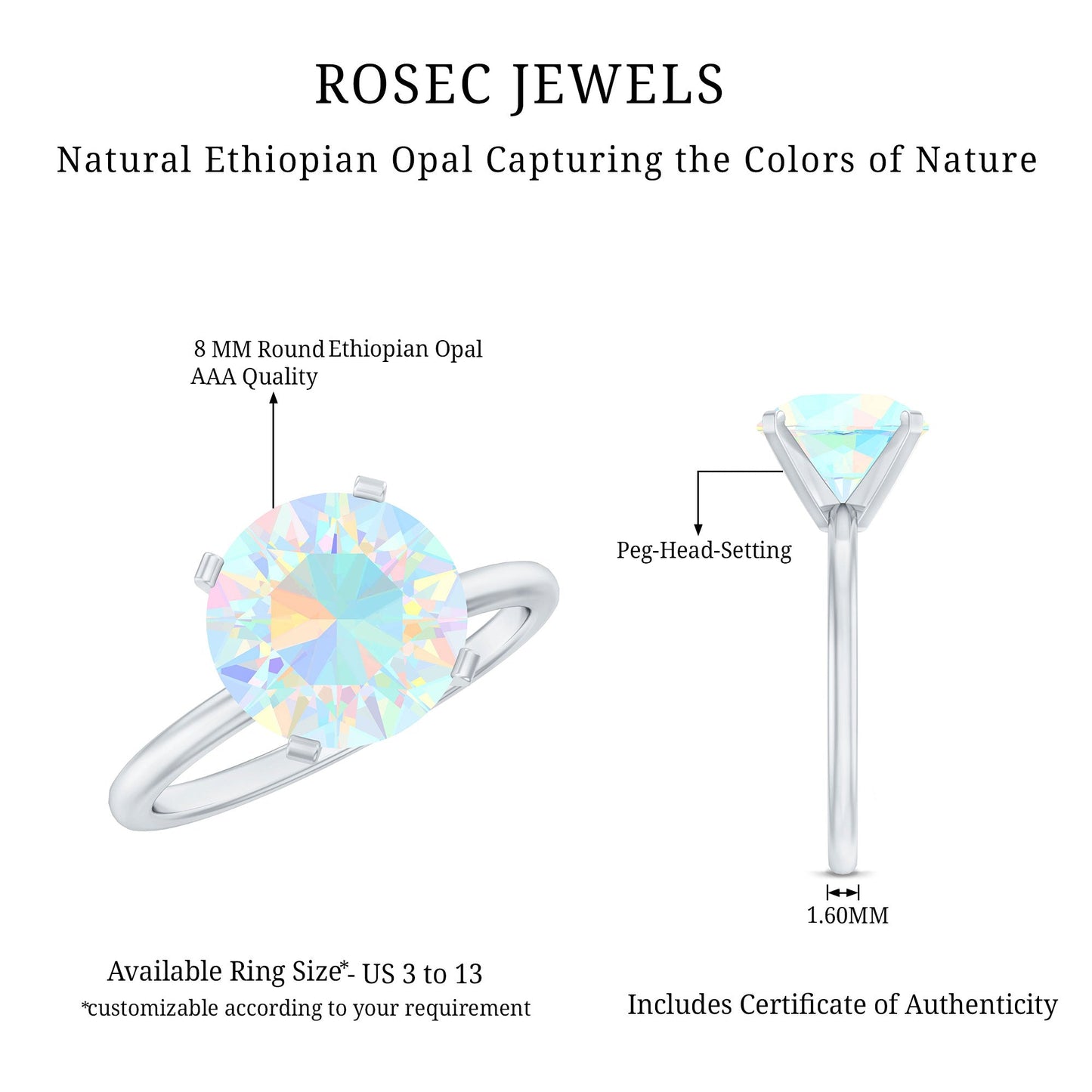 Classic 2 Carat Solitaire Ethiopian Opal October Birthstone Engagement Ring