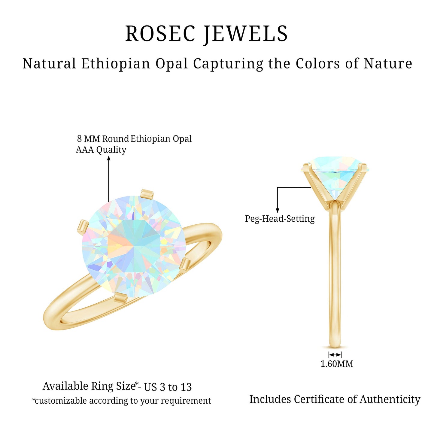 Classic 2 Carat Solitaire Ethiopian Opal October Birthstone Engagement Ring