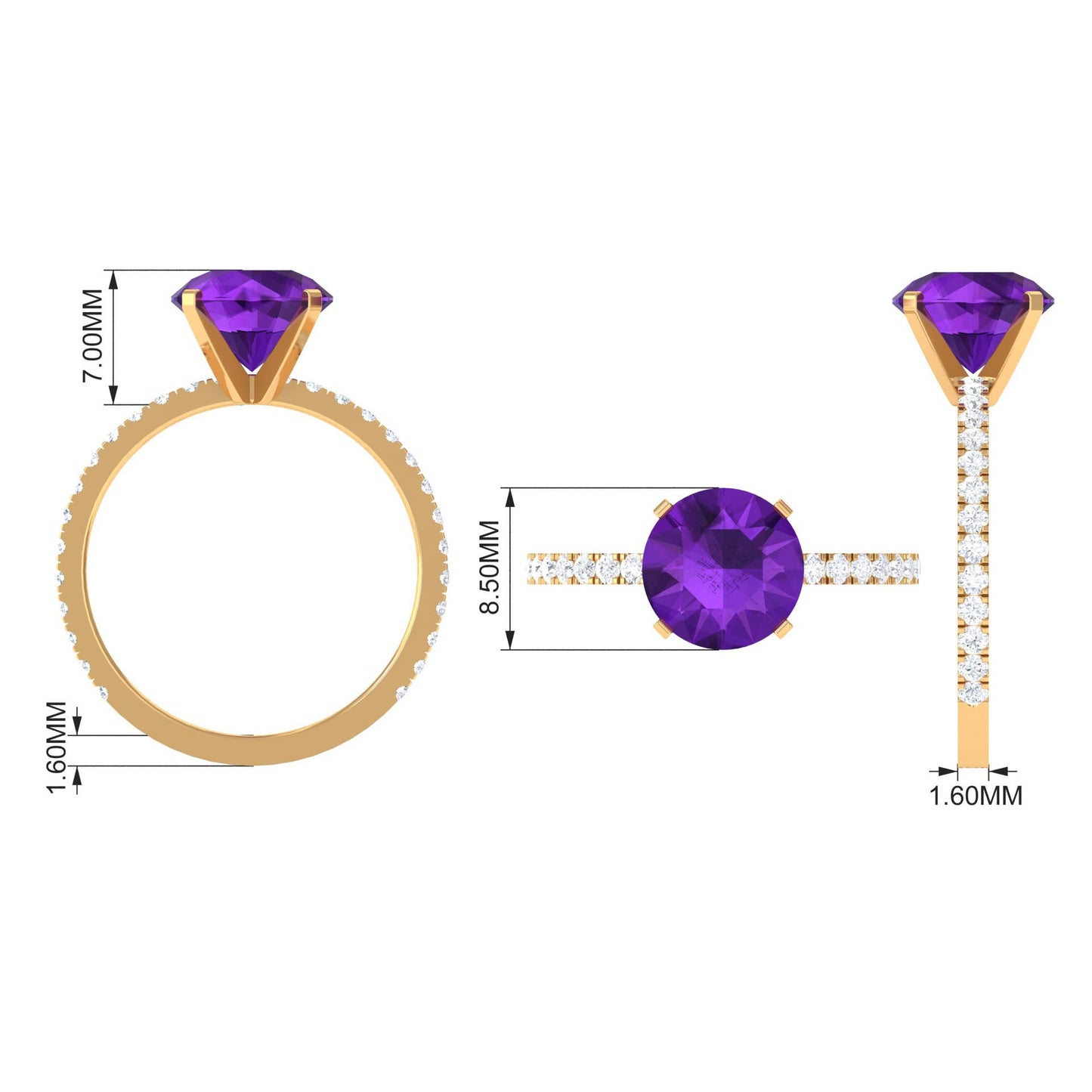 Real 1.2 Carat Amethyst Engagement Ring with Diamond for Women
