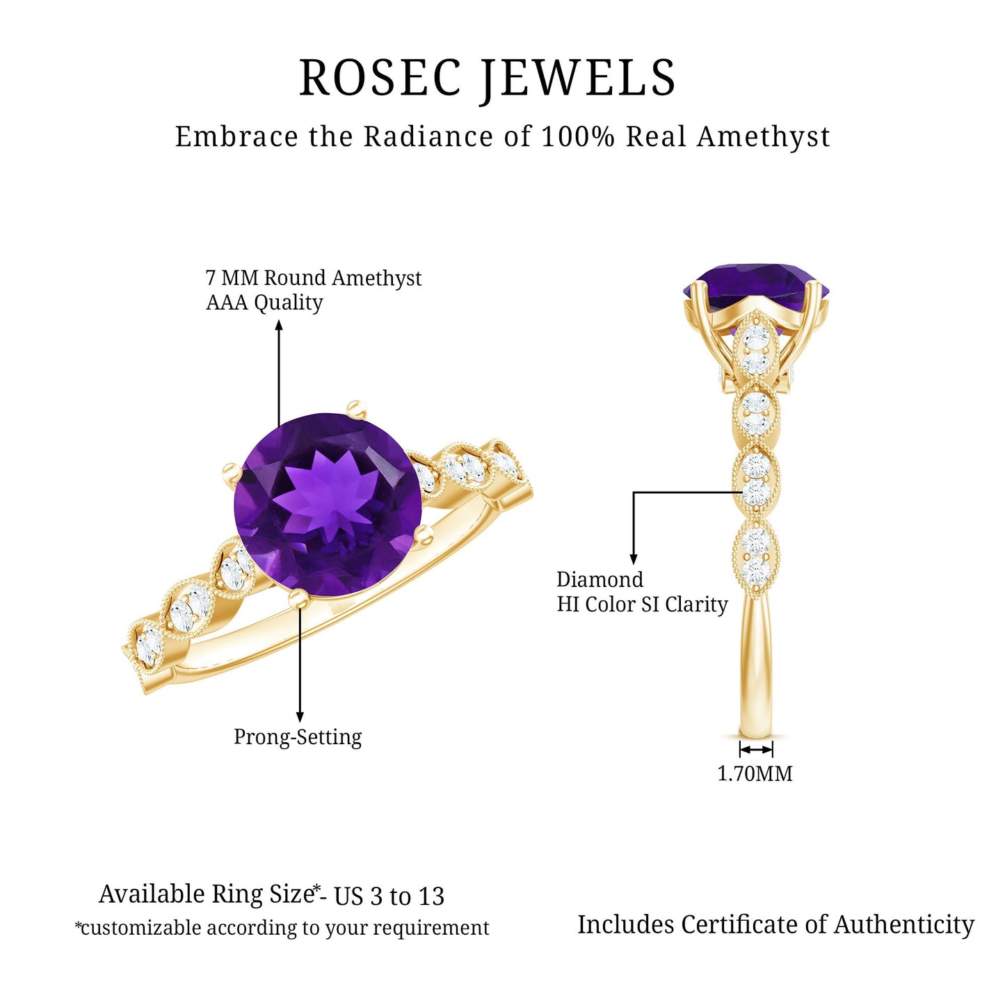 Amethyst and Diamond Solitaire Engagement Ring with Milgrain Details