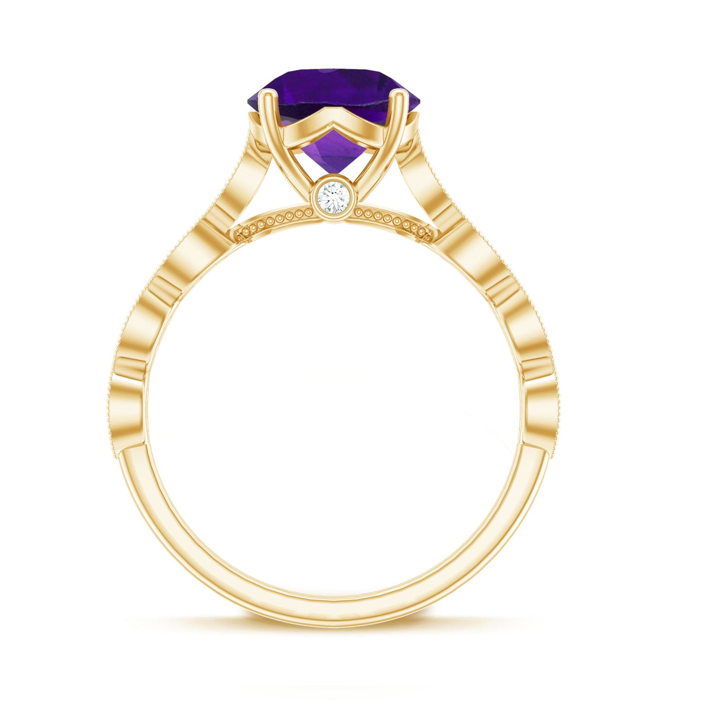 Amethyst and Diamond Solitaire Engagement Ring with Milgrain Details