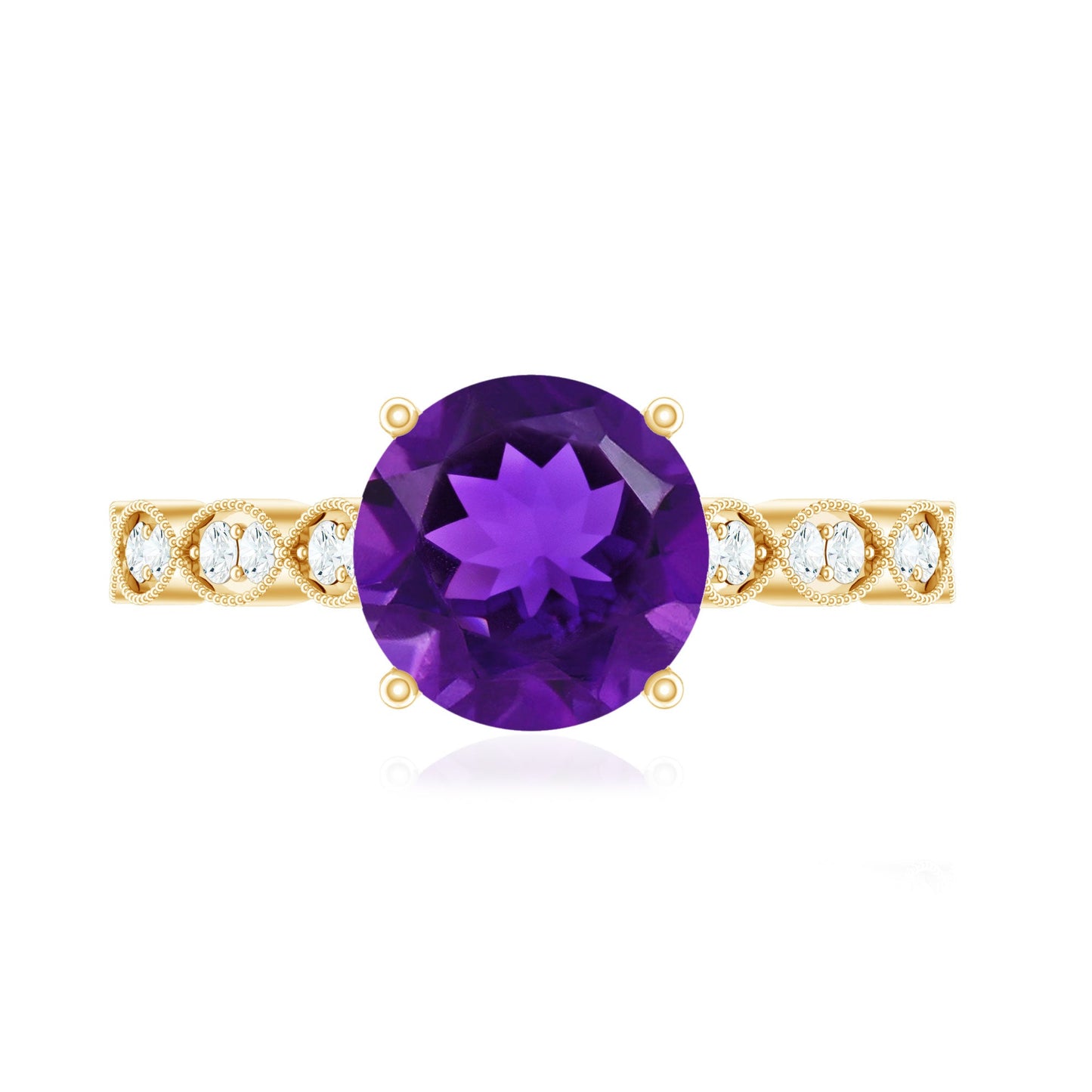 Amethyst and Diamond Solitaire Engagement Ring with Milgrain Details