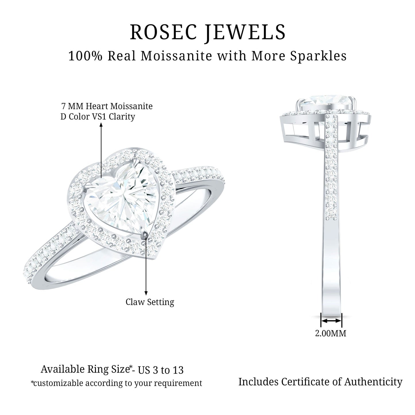 Certified Moissanite Heart Engagement Ring with Halo