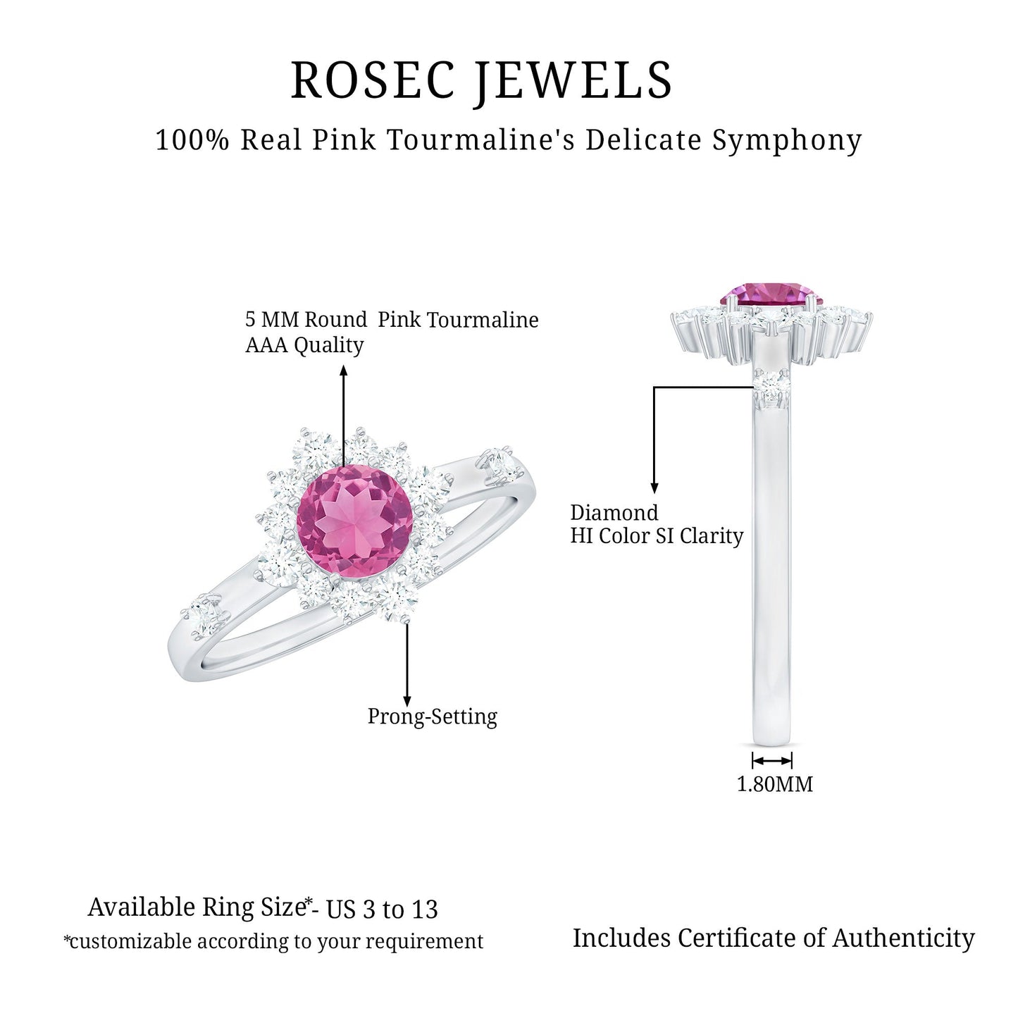 Round Pink Tourmaline Classic Halo Engagement Ring with Diamond