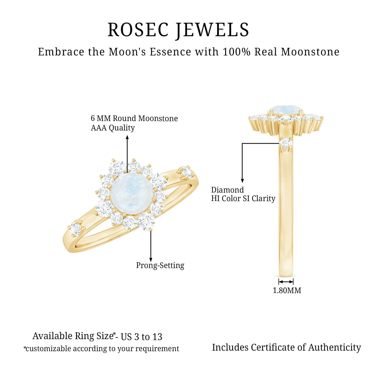 0.3 Carat Round Moonstone and Diamond Halo Engagement Ring